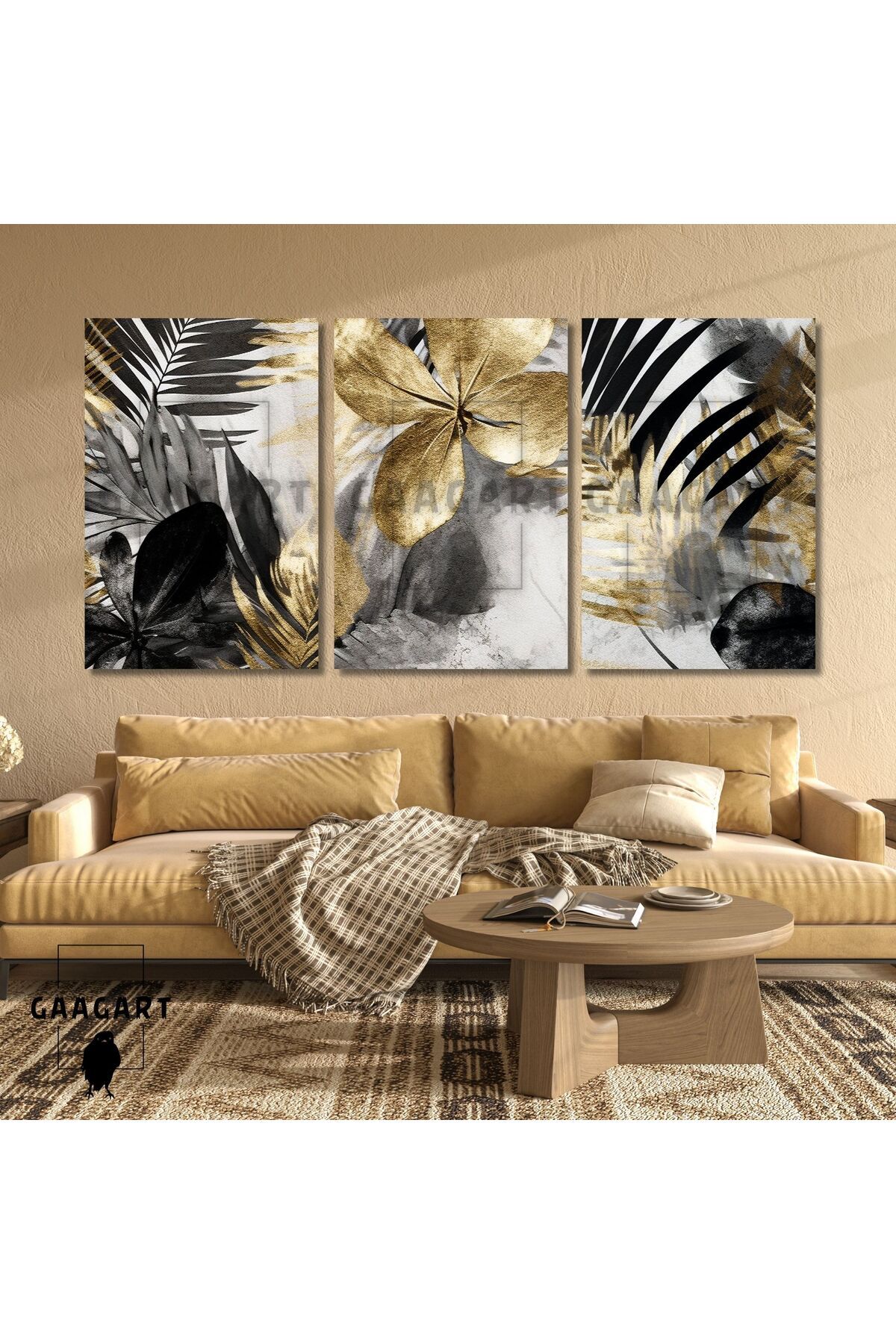 GAAGART 3'lü Kanvas Salon Duvar Tablosu Gold Siyah Soyut Desen