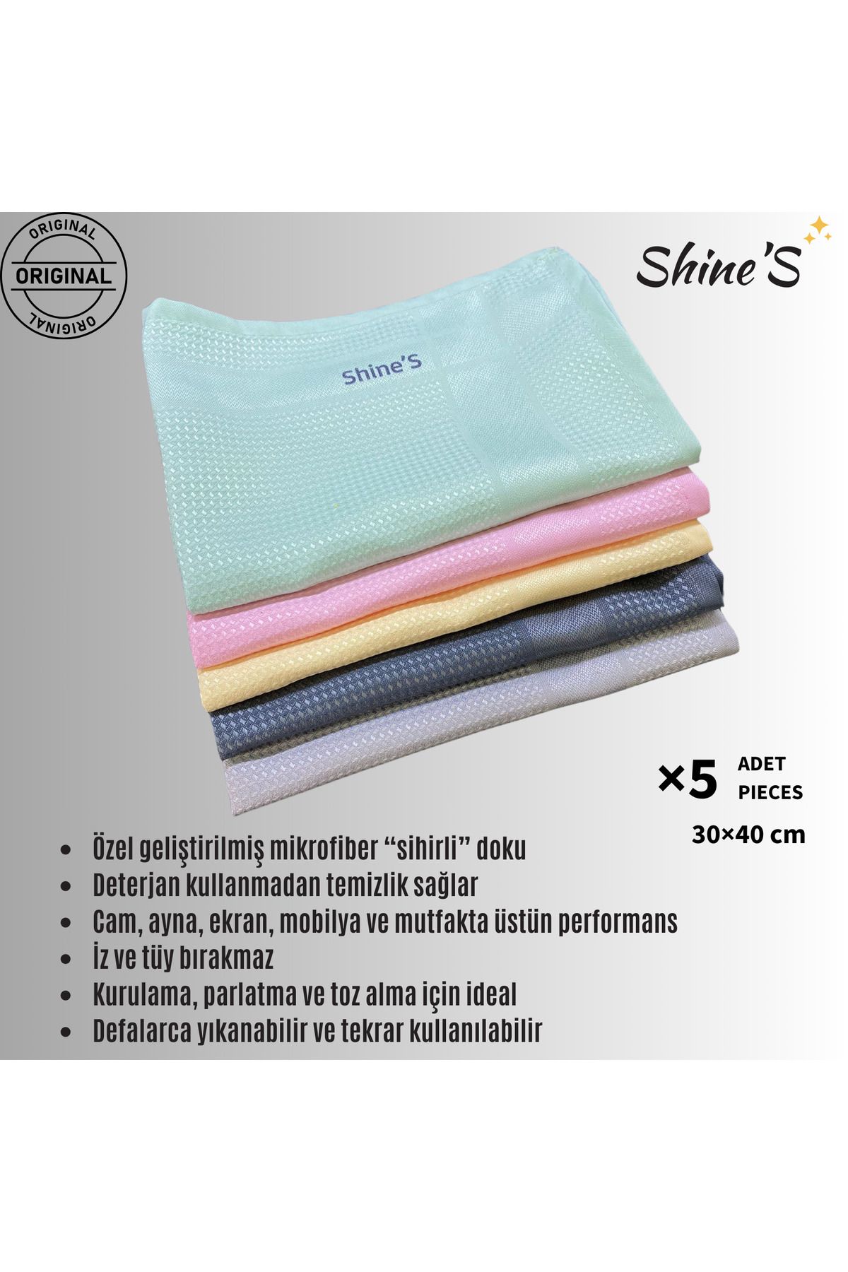 Shines Fabrika Satış Mağazası Shine'S 5'li Renkli mikrofiber temizlik bezi, banyo, mutfak, cam, araba ve tüm yüzeyler (30x40 CM)