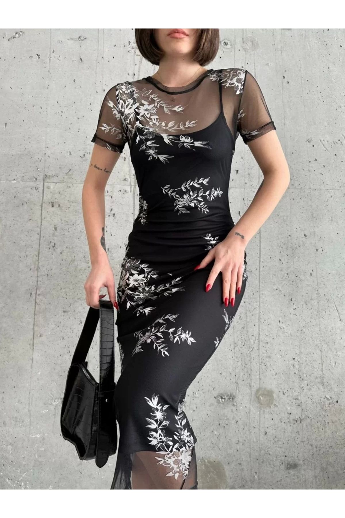 MODA Kadın Baskılı Şifon Kimono Elbise - Siyah