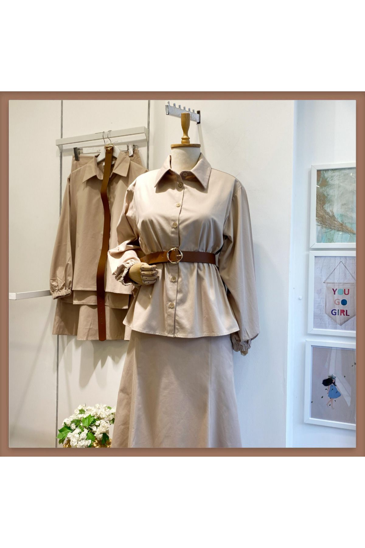 Faya Boutique Kemerli İnce Gabardin Etekli Vizon Takım