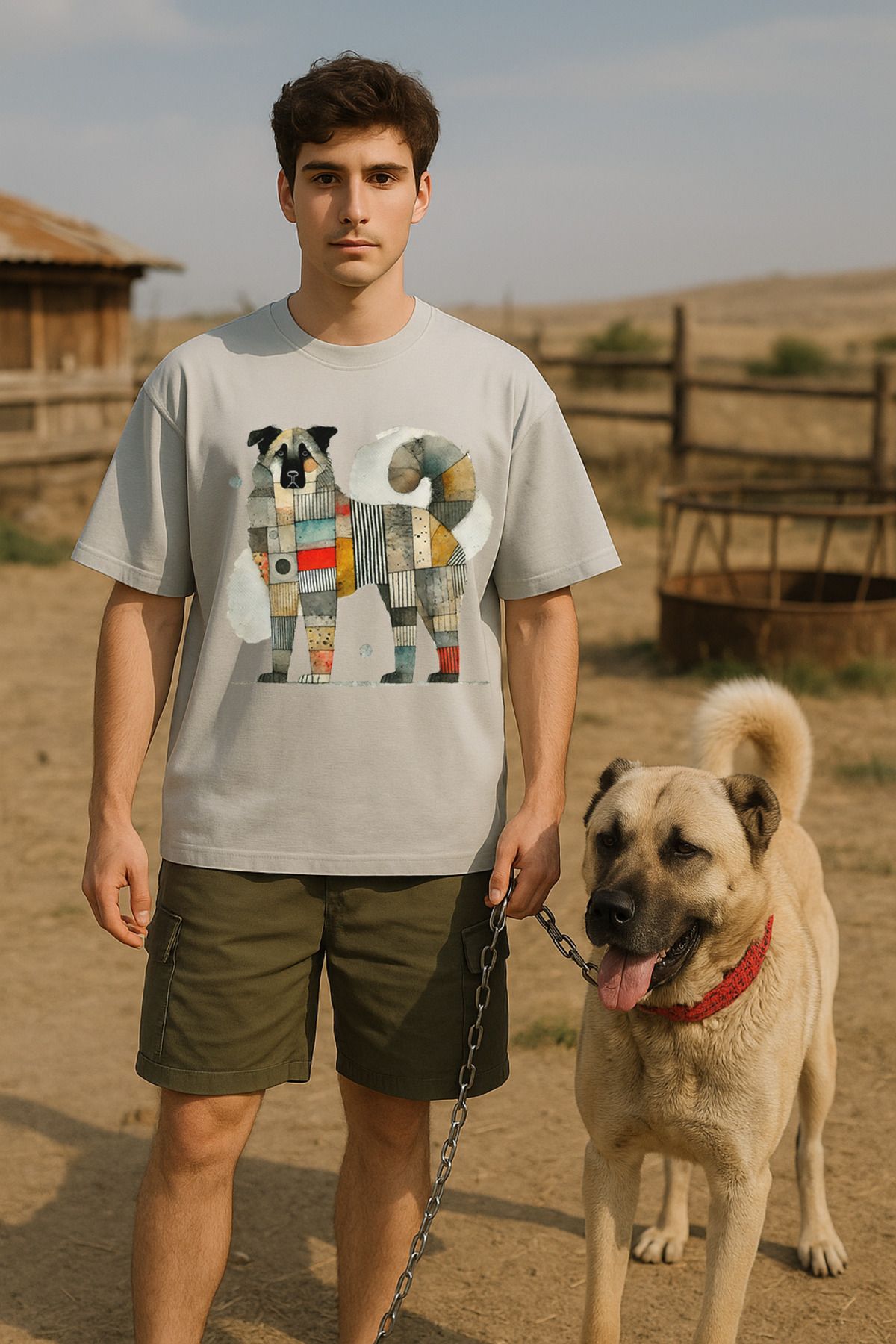 wolka Kangal Baskılı Unisex %100 Pamuk Oversize Bisiklet Yaka Gri T-shirt