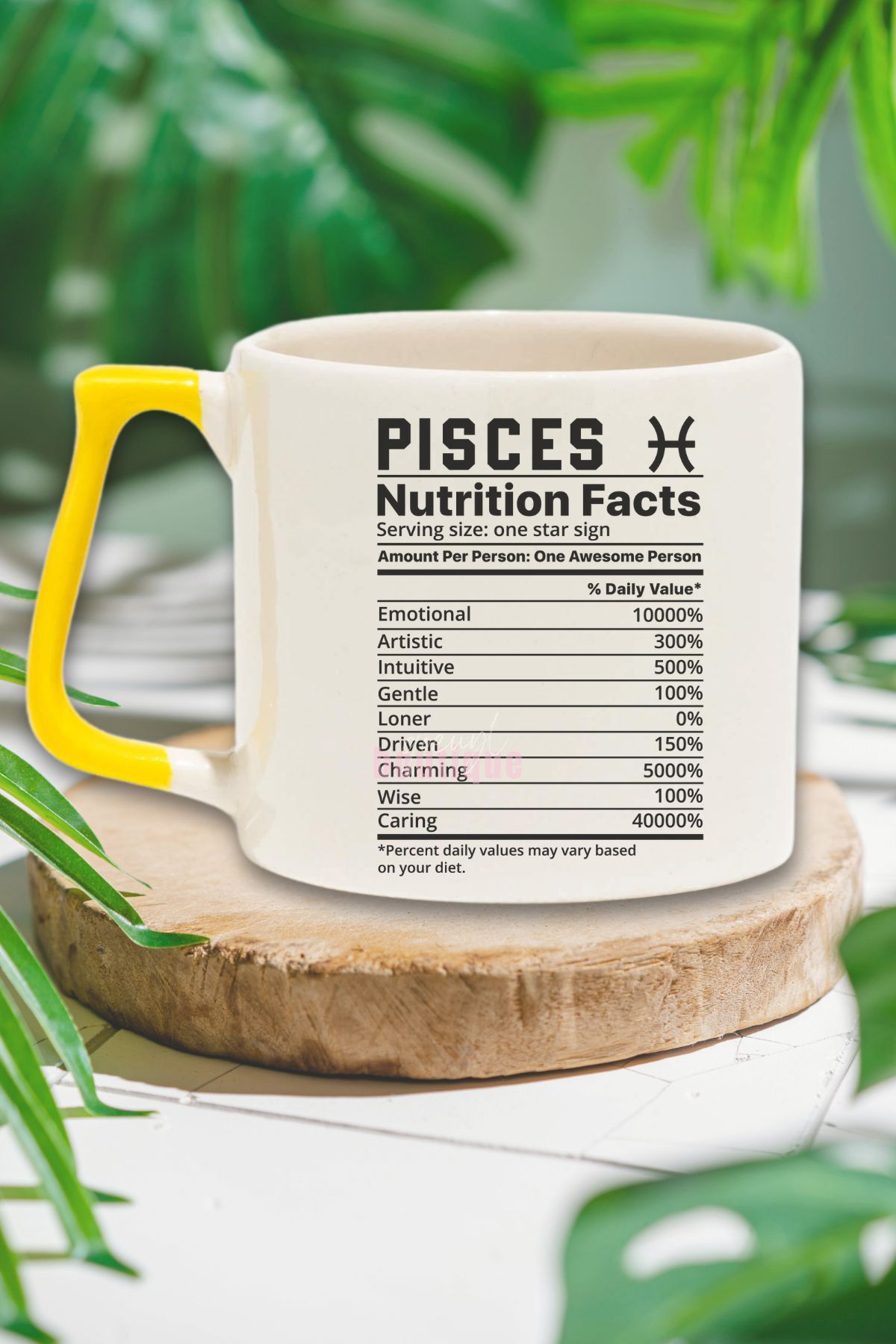 qoeuyl boutique Balık Burcu "Pisces nutrition facts" Mizahi Arkadaşa Doğum Günü Hediye Sarı Kulplu Kupa Bardak