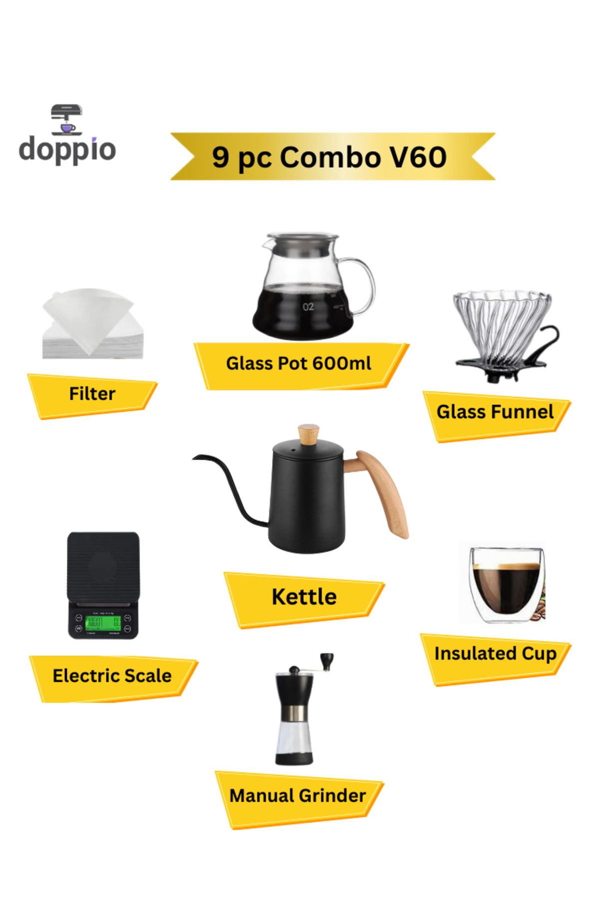 DOPPİO-Doppio V60 Set 9 Pcs Premium Accessorie with Kettle, Dripper Scale Server 3