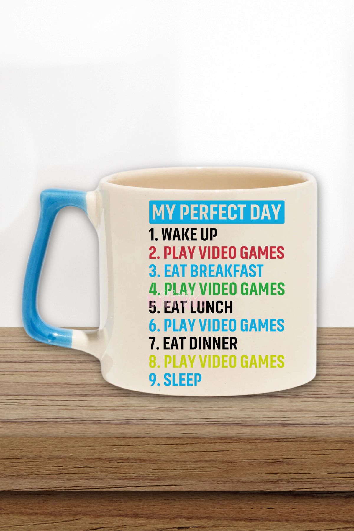 qoeuyl boutique "My Perfect Day Black Classic Fit Gamer" İdeal Gün Doğum Günü Hediye Mavi Kulplu Kupa Bardak
