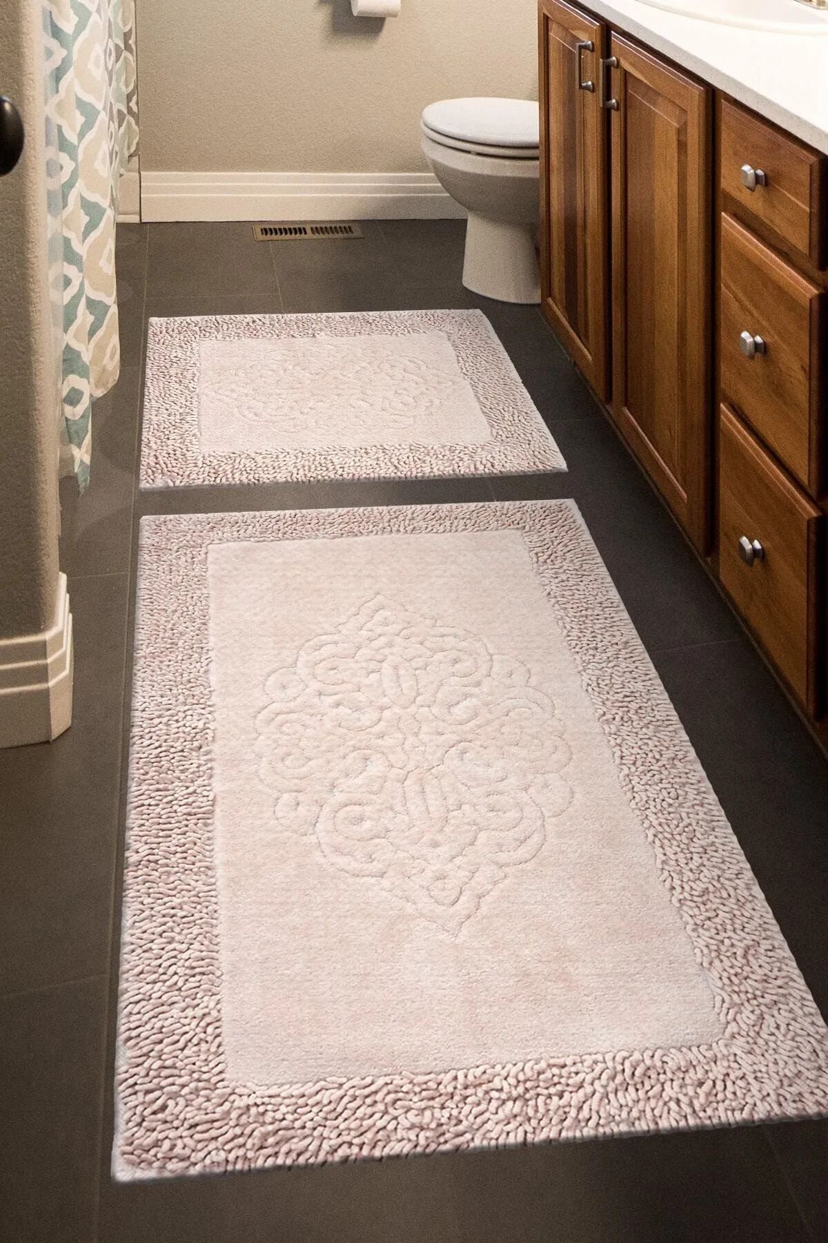 Çelsa Home Pamuklu 2'li Makarna Kenar Banyo Paspas Takımı Damask Desen Bej