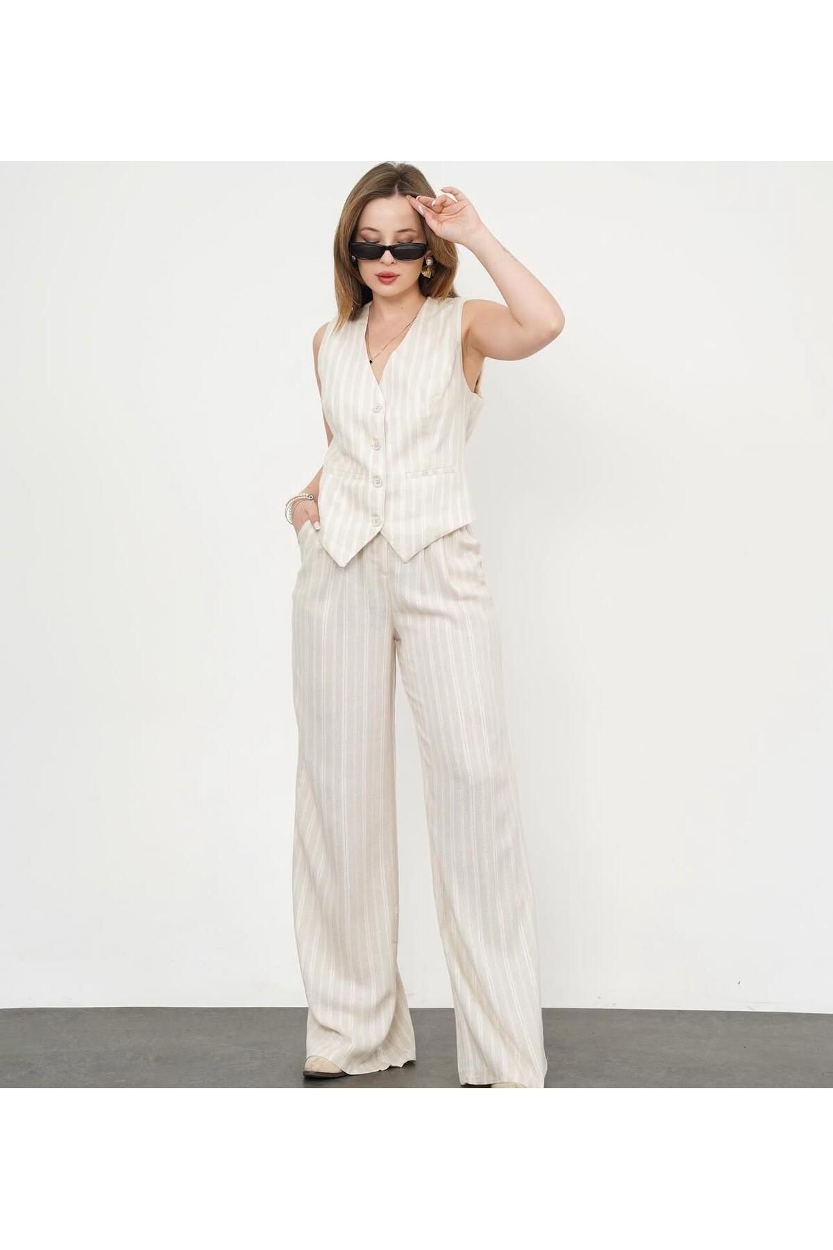 FEMİNEER.com ÇİZGİLİ KETEN PALAZZO YELEK PANTALON TAKIM