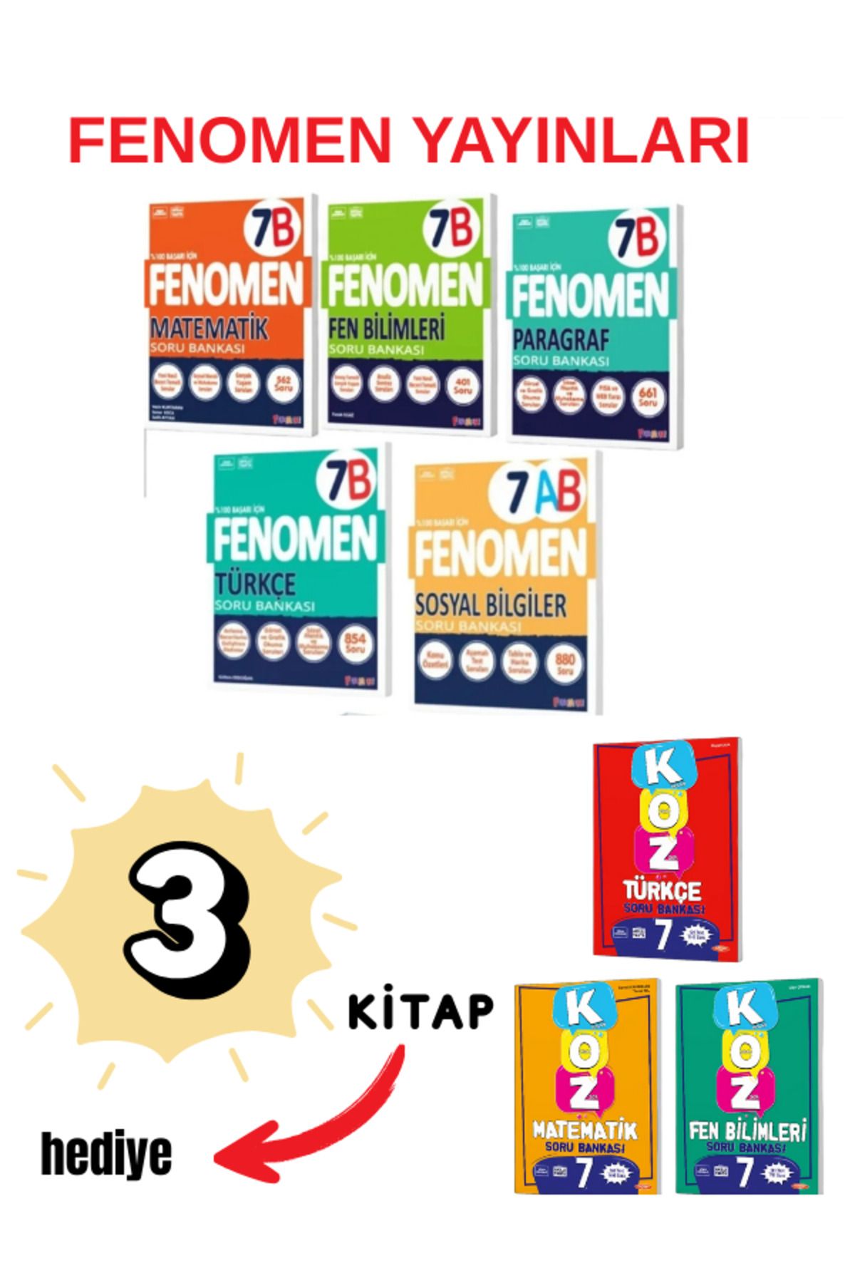 Fenomen Yayıncılık FENOMEN YAYILARI 7.SINIF A-B SORU BANKASI SETİ+ 3 KİTAP HEDİYE)
