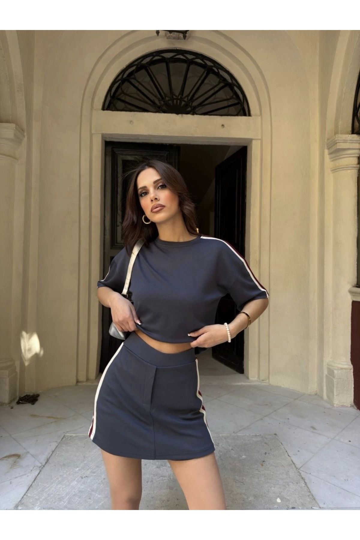 MODA Osy Modal yumuşak dokulu Kumaş Kadın Parçalı Bisiklet Yaka T-shirt Mini Şortlu Etek İkili Takım - Fü