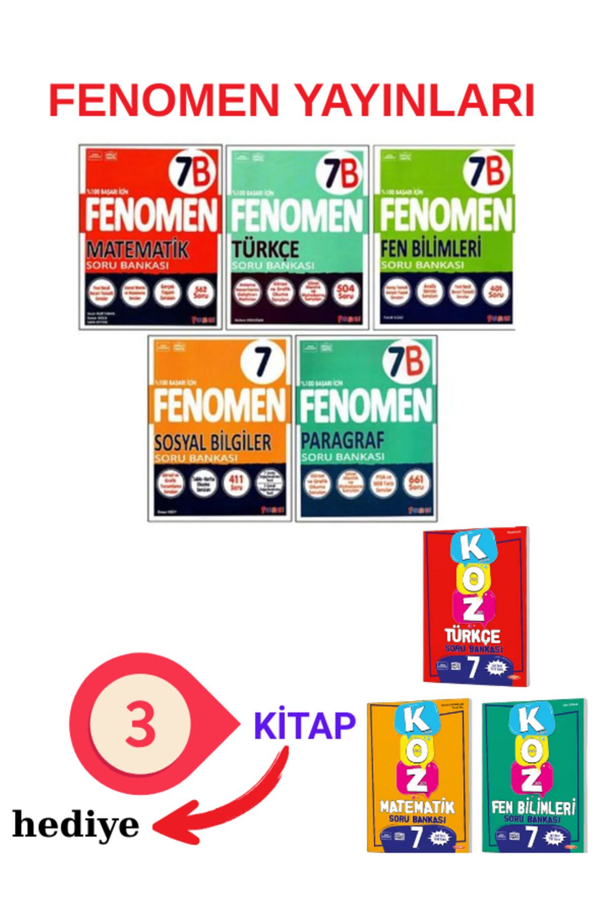 Fenomen Yayıncılık 7. Sınıf Matematik(B)+Türkçe(B)+Fen(B)+Sosyal+Paragraf(B) Soru Bankası 5 Kitap +3