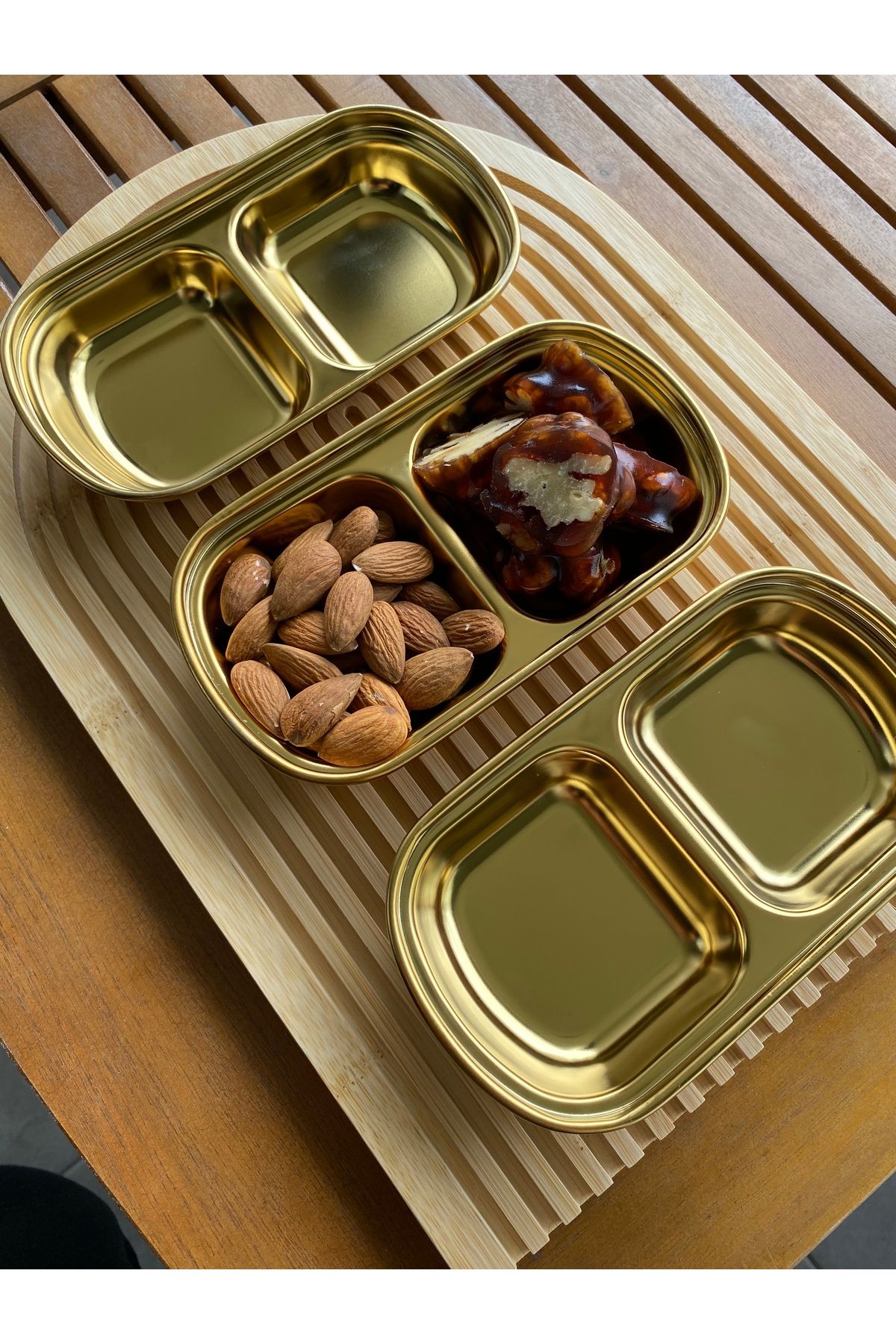 Home 3lü Gold Metal Sunumluk Çerezlik Draje Sunum Bal Kaymak Reçel Tabağı