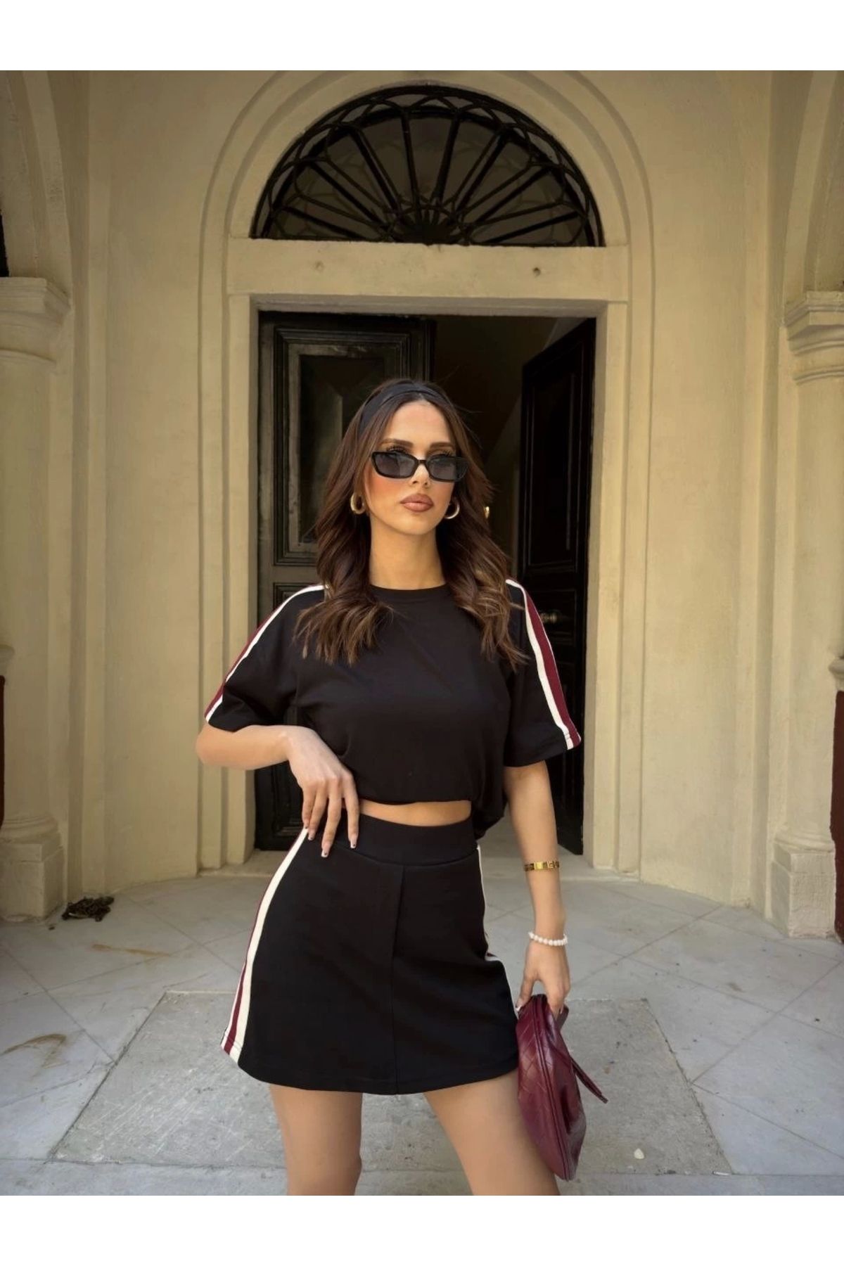 MODA Osy Modal yumuşak dokulu Kumaş Kadın Parçalı Bisiklet Yaka T-shirt Mini Şortlu Etek İkili Takım - Si