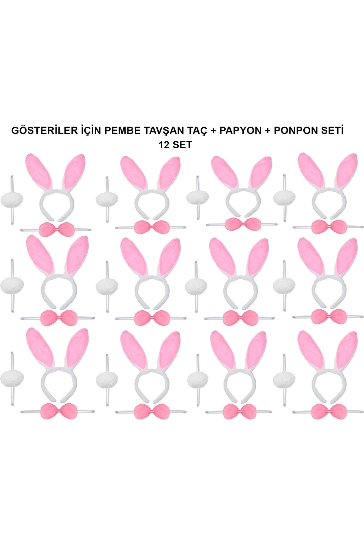 PRATİKOBA Pembe Tavşan Kostüm Seti – Taç, Papyon, Ponpon (12’li Paket)