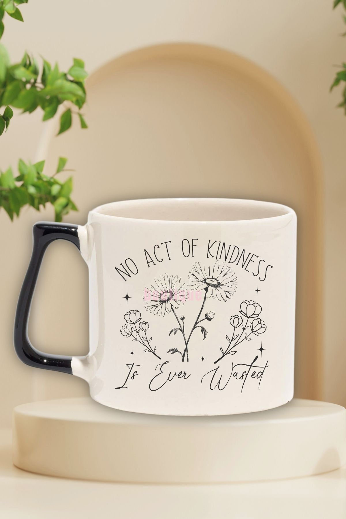 qoeuyl boutique "No act of kindness is ever wasted" İyilik Arkadaşa Doğum Günü Hediye Siyah Kulplu Kupa Bardak