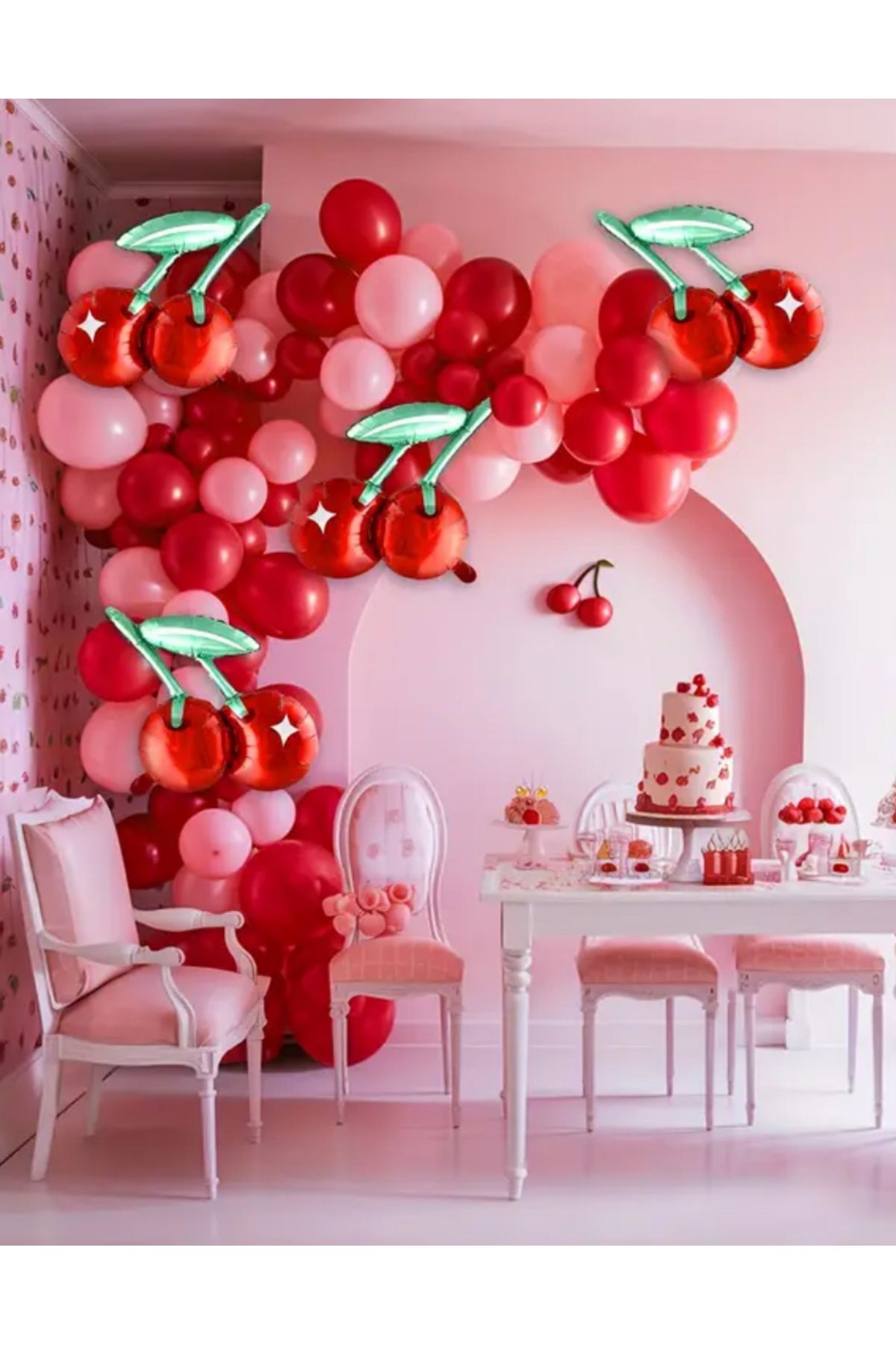 Çemrek Süs Parti Pembe Kırmızı Balon Zinciri Seti Kiraz Konsept Balon Zinciri Seti 101 li Kiraz Folyo Balonlu