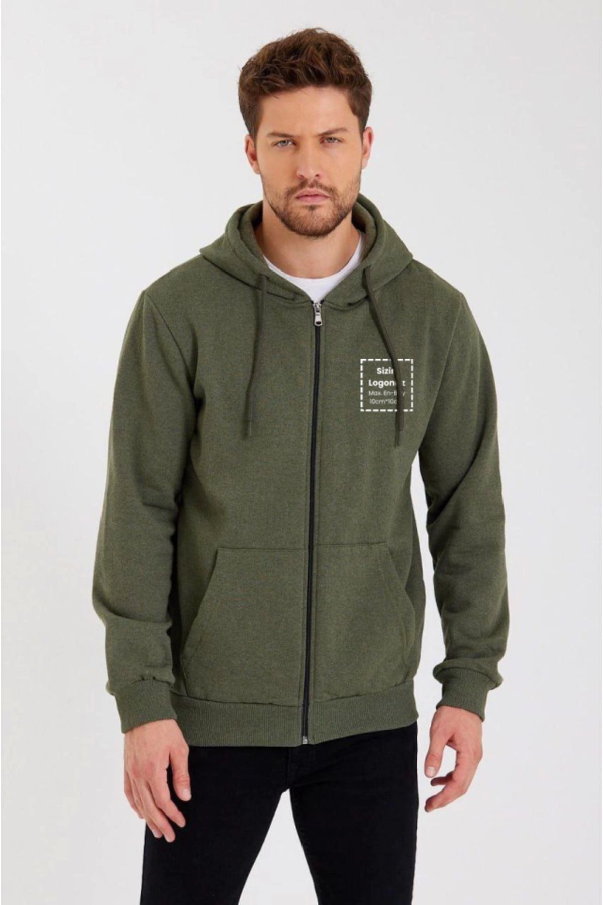 Gökyüzü Moda Unisex Tam Fermuarlı Kapşonlu Özel Tasarım SweatShirt - Haki