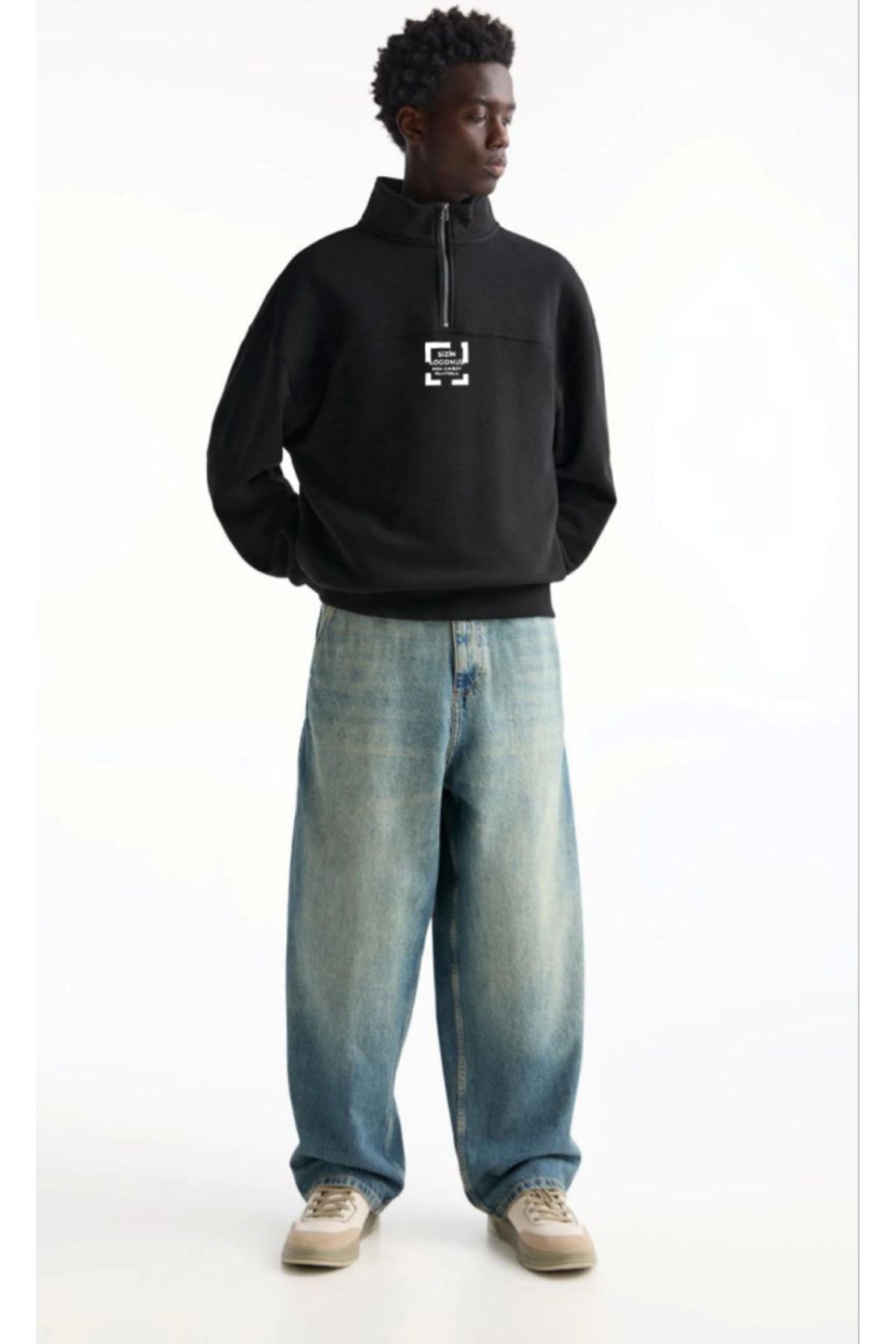 NİDAM BUTİK Oversize Yarım Farmuarlı Yakalı Özel Tasarım Basic SweatShirt - Siyah