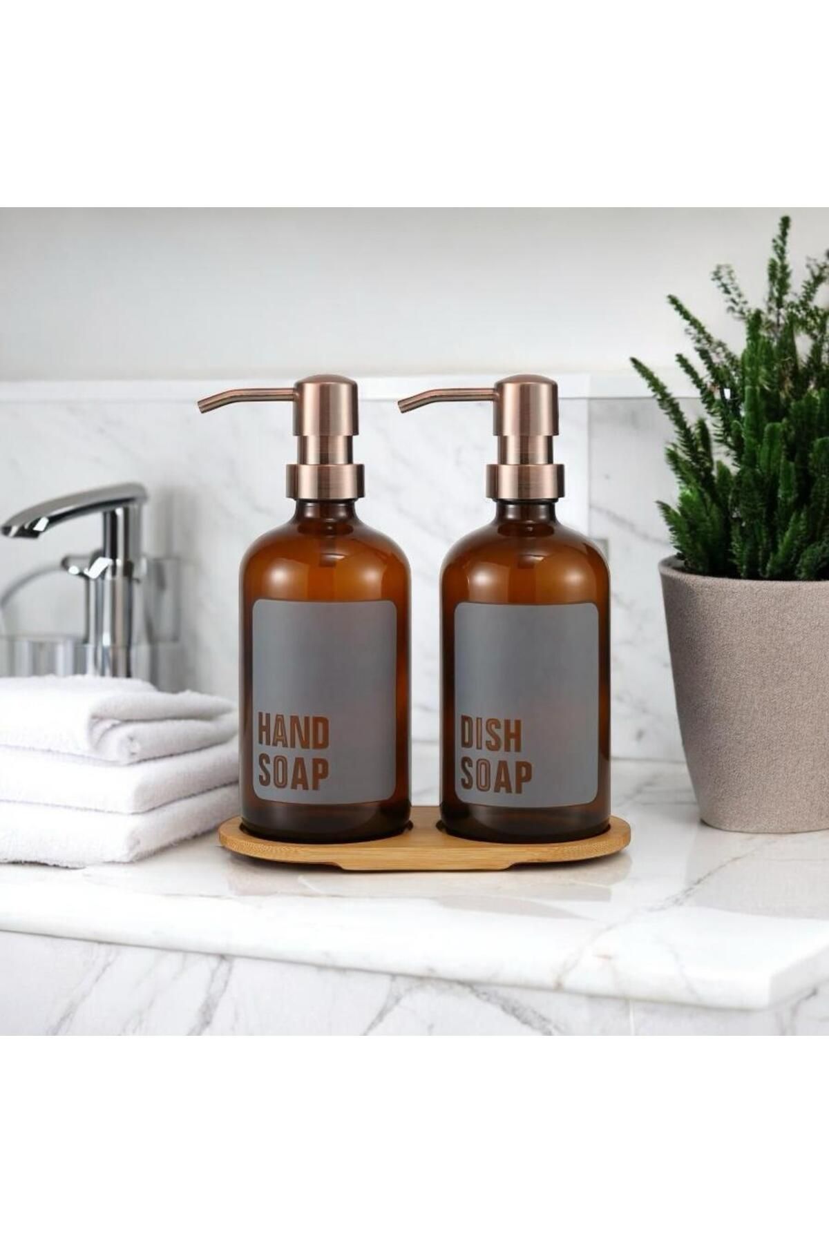 UCR HOME Banyo Mutfak Sıvı Sabunluk Bambu Tepsili 500 Ml Cam 2 Li Set