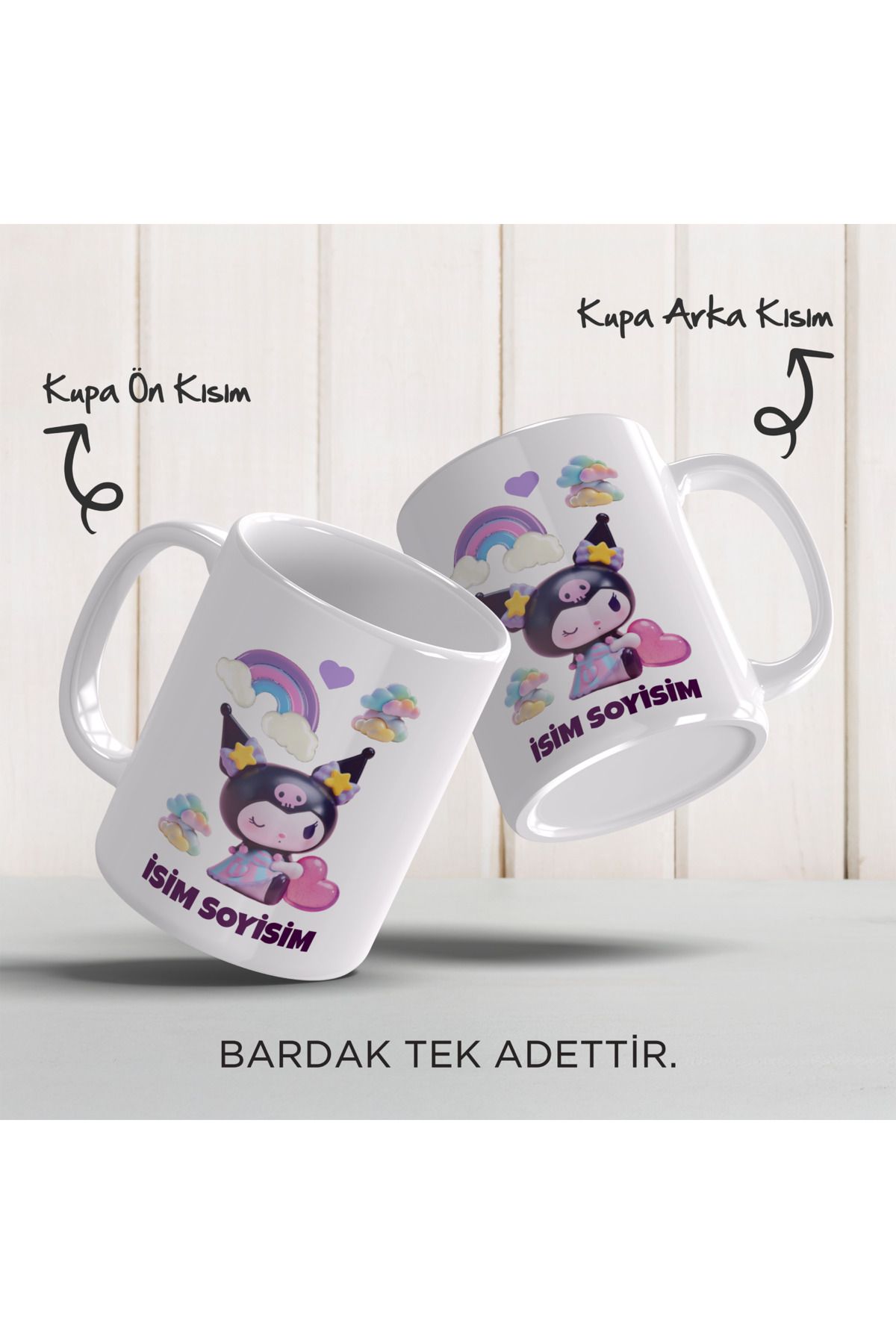 YELKOVAN TASARIM Kişiye Özel İsimli Kuromi Temalı Anime/Kawai, Renkli Porselen Kupa Bardak, Model-2