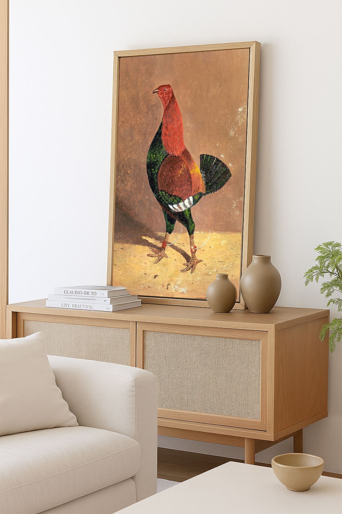 AKSU SANAT Dövüş Horozu Vintage ÇERÇEVELİ Kanvas Tablo, ÇİFT ÇERÇEVELİ Tablo 1KTBL41