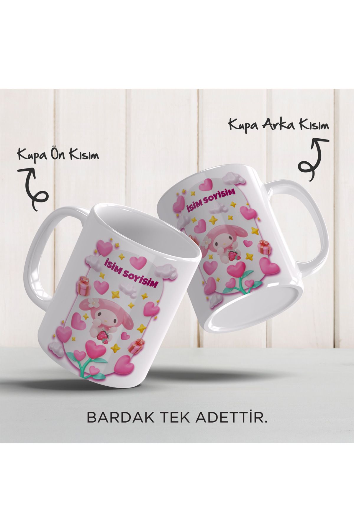YELKOVAN TASARIM Kişiye Özel İsimli My Melody, Anime/Kawai, Renkli Porselen Kupa Bardak, Model-1