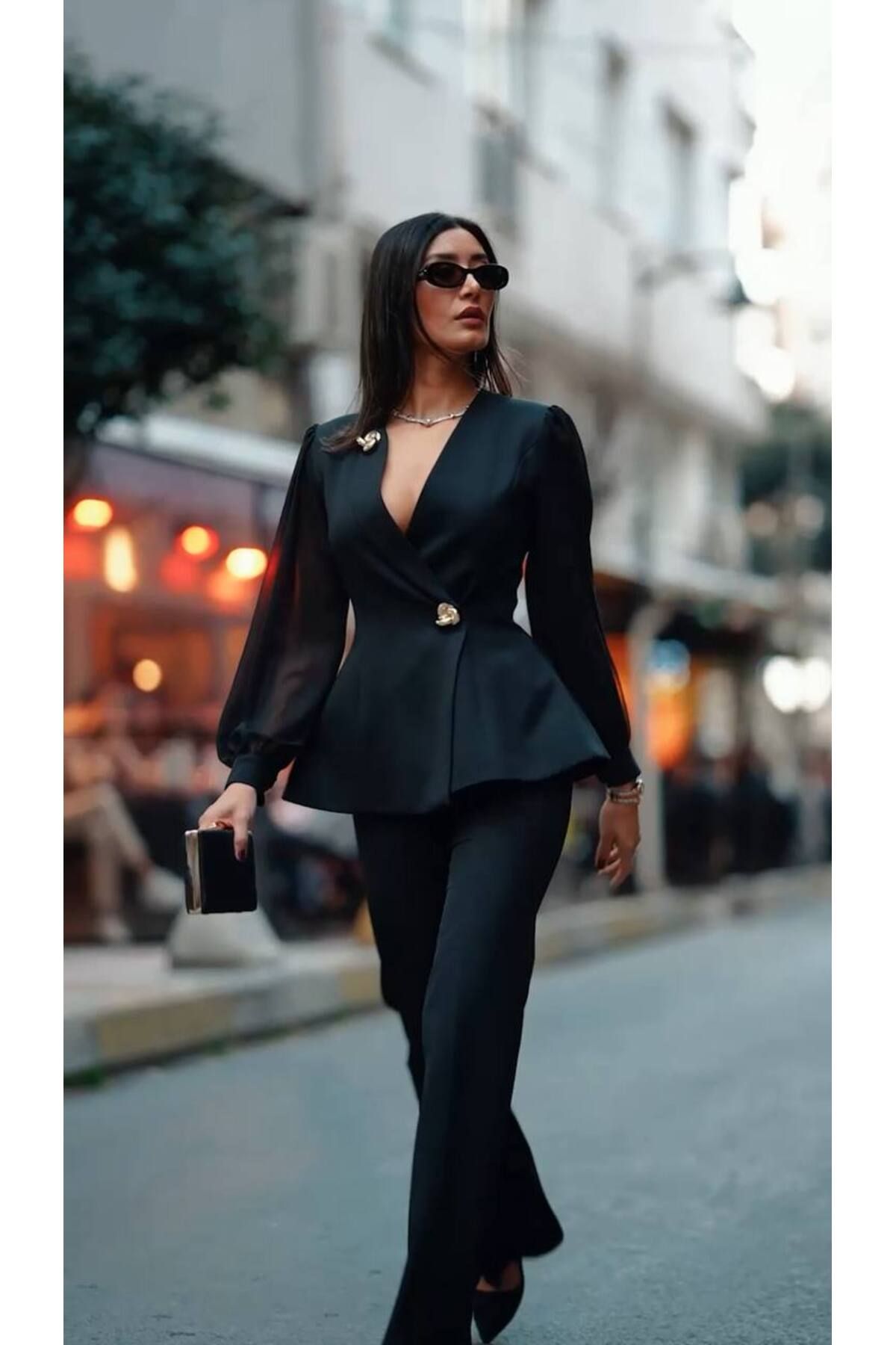 Raneem Butik Kadın düğmeli altın Aksesuar Şifon Kol Bel Lastikli Cepli Pantolon Esnek Dokuma 2 li Abiye Takım