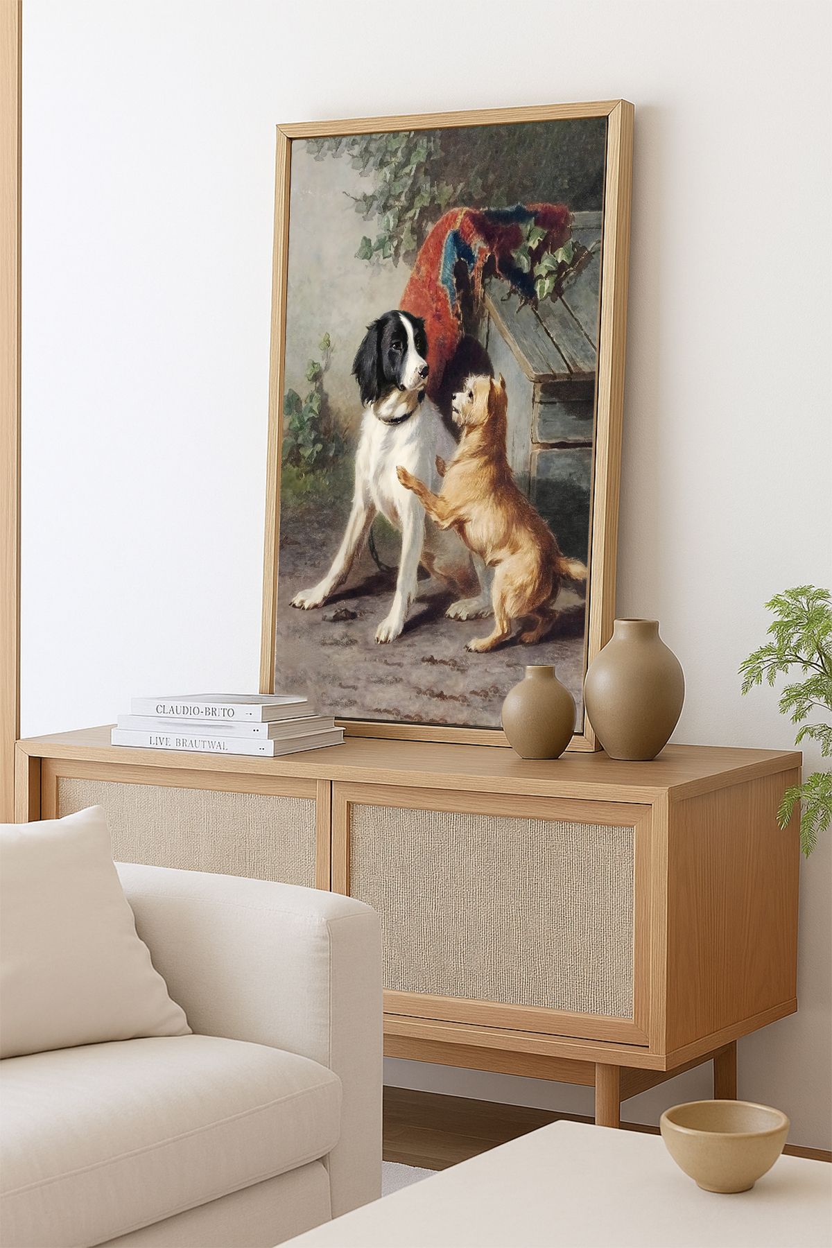 AKSU SANAT İki Köpek Vintage ÇERÇEVELİ Kanvas Tablo, ÇİFT ÇERÇEVELİ Tablo 1KTBL40