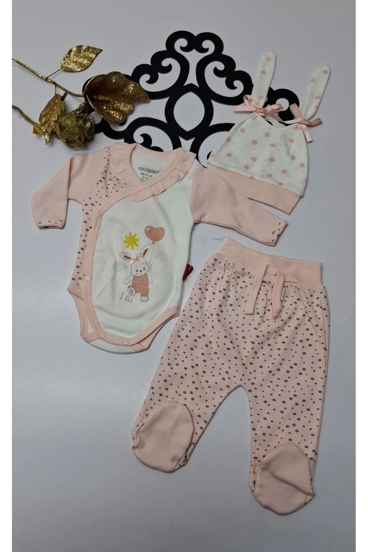 elanurbebe Penye Tavşan Baskılı Yandan Çıtçıtlı Bebe Kız 3lü Takım