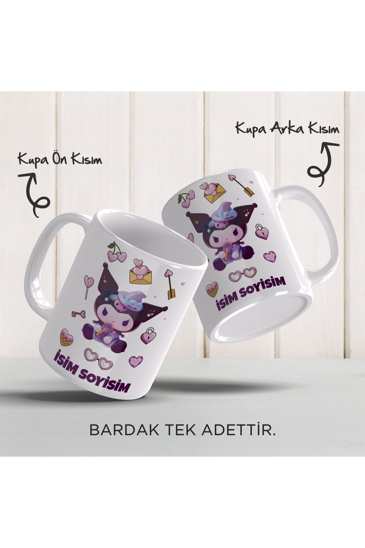 YELKOVAN TASARIM Kişiye Özel İsimli Kuromi Temalı Anime/Kawai, Renkli Porselen Kupa Bardak, Model-1