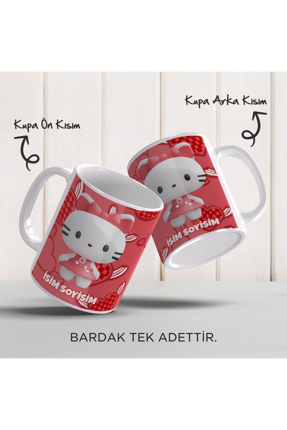 YELKOVAN TASARIM Kişiye Özel İsimli Hello Kitty Temalı, Renkli Porselen Kupa Bardak, Model-6