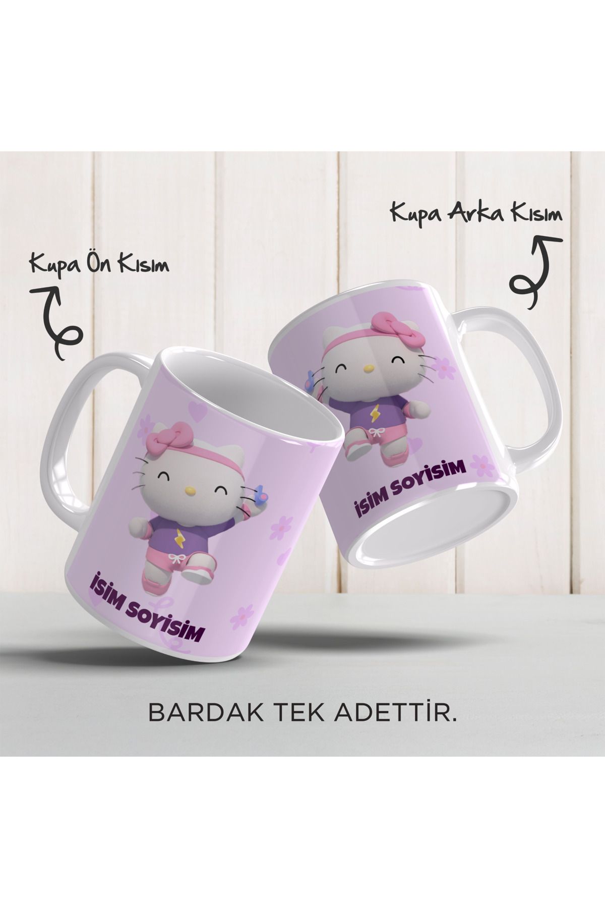 YELKOVAN TASARIM Kişiye Özel İsimli Hello Kitty Temalı, Renkli Porselen Kupa Bardak, Model-1