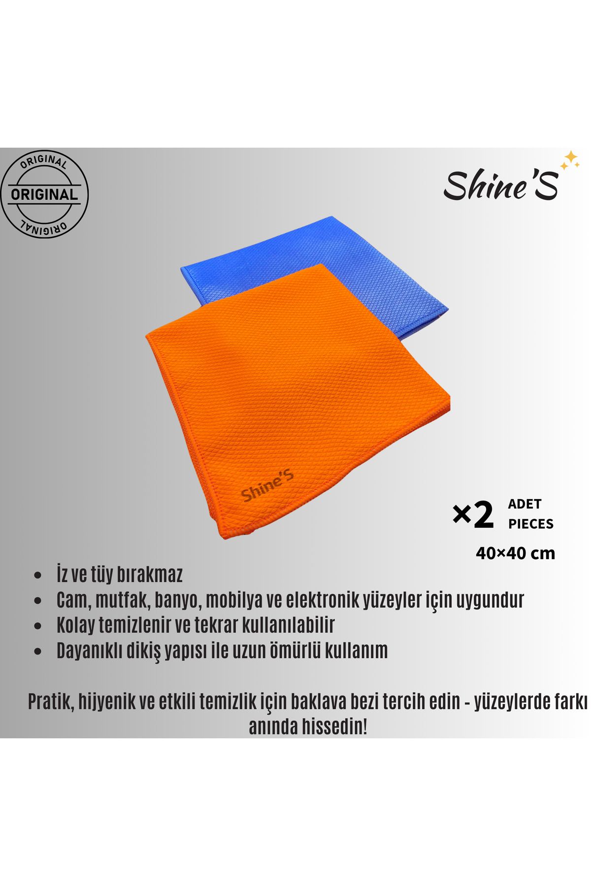 Shines Fabrika Satış Mağazası Shine'S 2 Adet Baklava Desenli Temizlik bezi, cam bezi, toz bezi, mikrofiber bez 40x40 cm