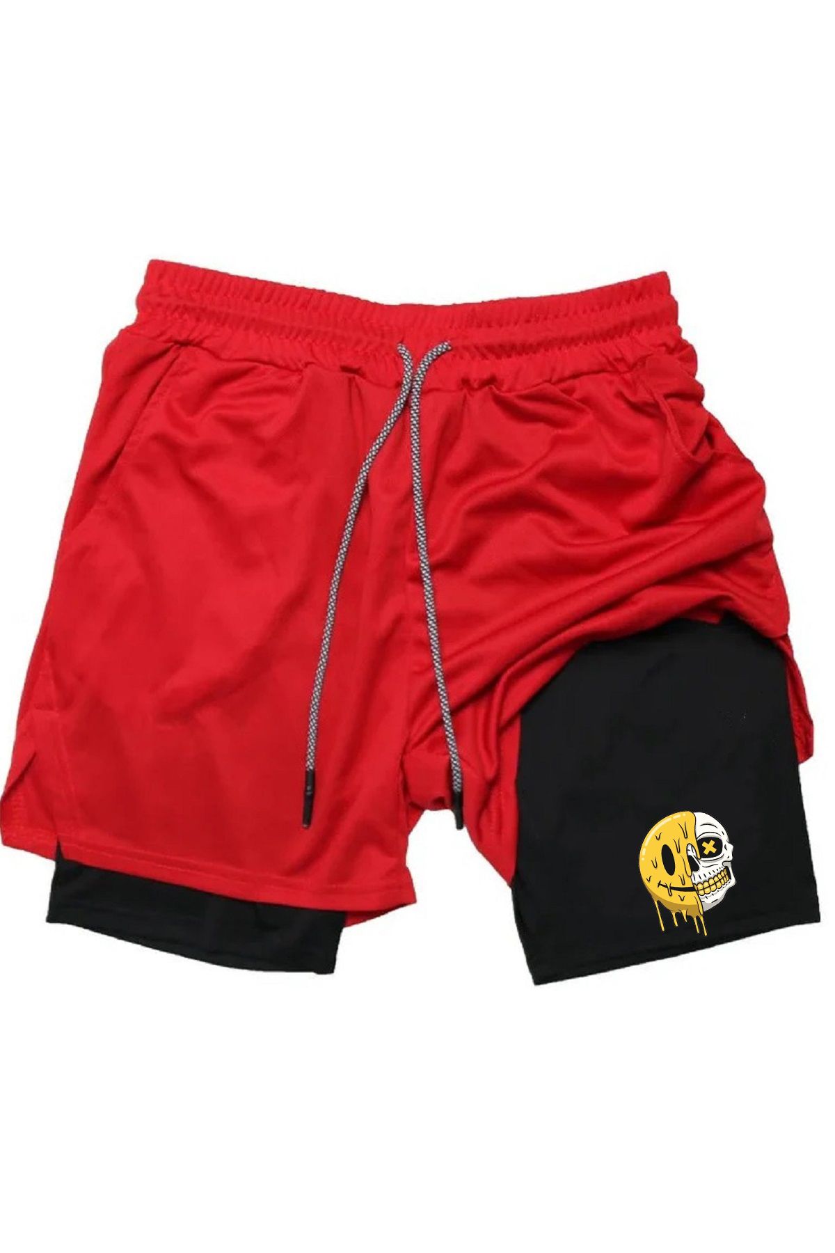 makiteks Baskılı Makiteks Sporcu Şortu, Alt Siyah Tayt Görünümlü Çok Cepli Taytlı Spor Şortu Black Yellow