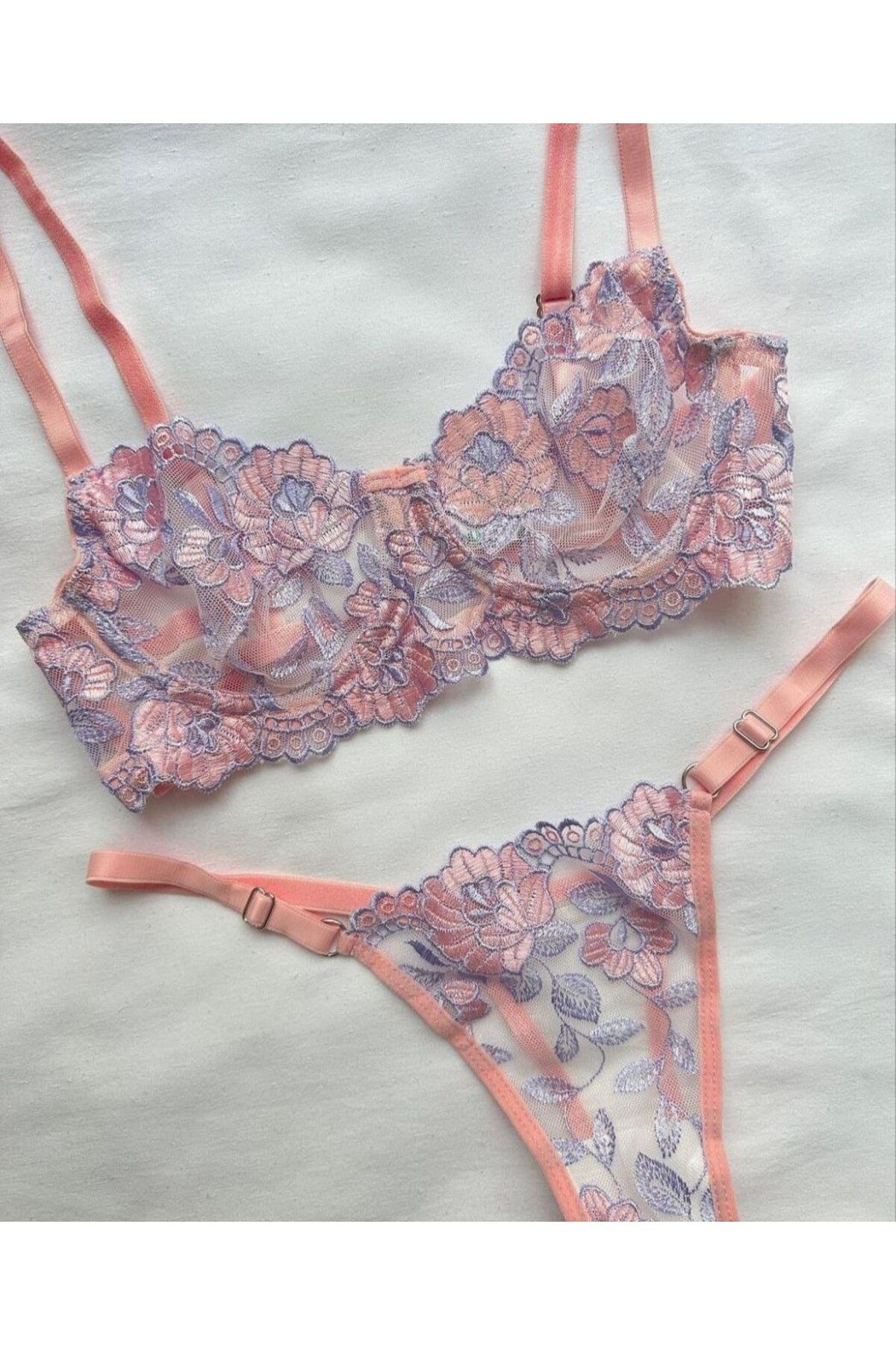 DALLİENCE Pembe Çiçek Güpür Bralet Takim