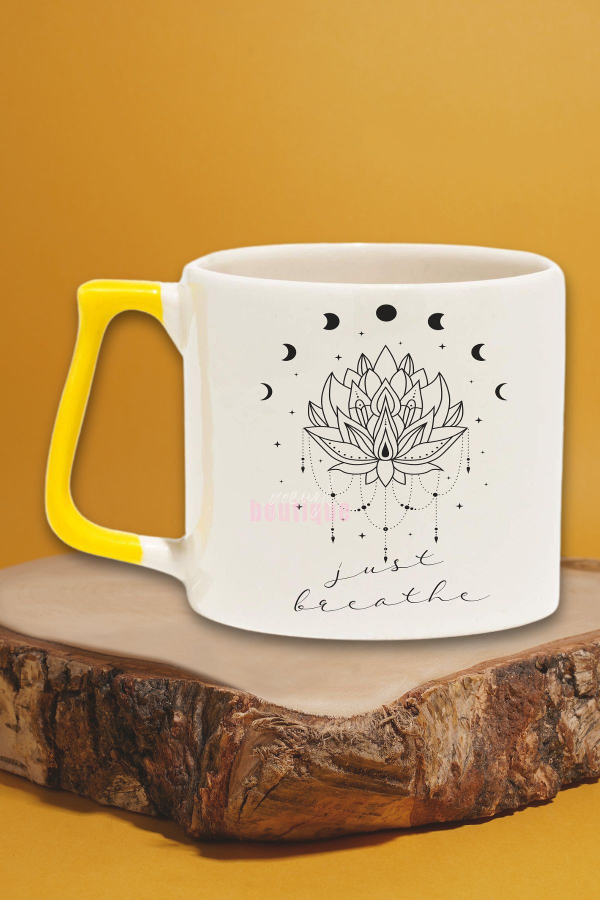 qoeuyl boutique Just Breathe Baskılı Yoga ve Meditasyon Tasarımı Doğum Günü Hediye Sarı Kulplu Kupa Bardak