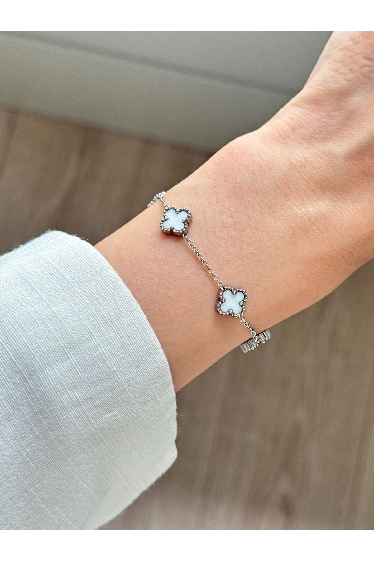 GUNESTAKI 316l Çelik Mini Boy Yonca Bileklik Kadın Bileklik Çift Taraflı Bileklik Silver
