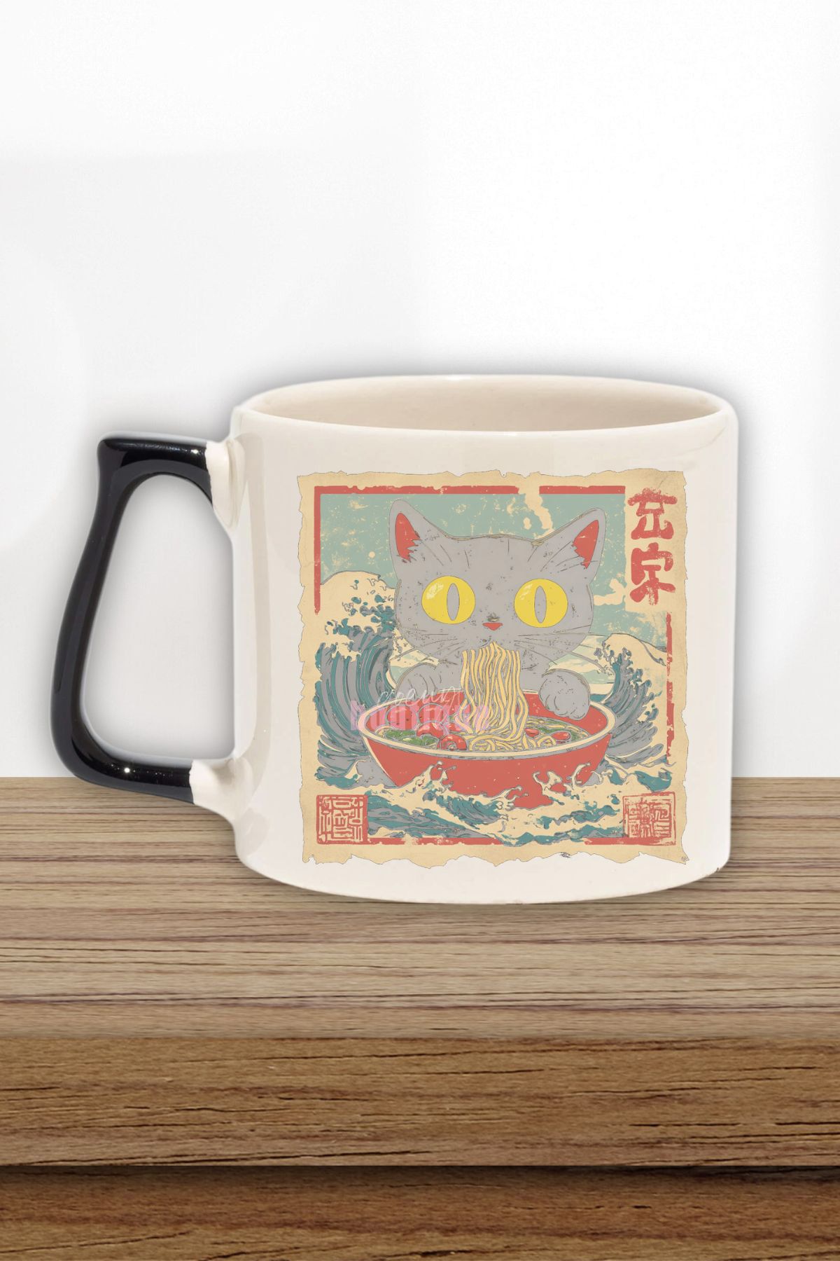qoeuyl boutique Ramen İlüstrasyon Sevimli Kedi Baskılı Japon Anime Doğum Günü Hediye Siyah Kulplu Kupa Bardak