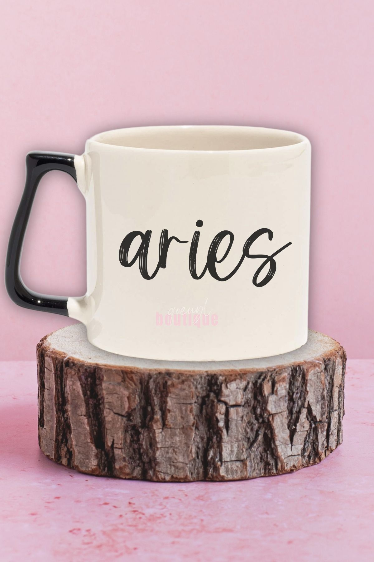 qoeuyl boutique Aries Baskılı Koç Burcu Astroloji Doğum Günü Hediye Siyah Kulplu Kupa Bardak