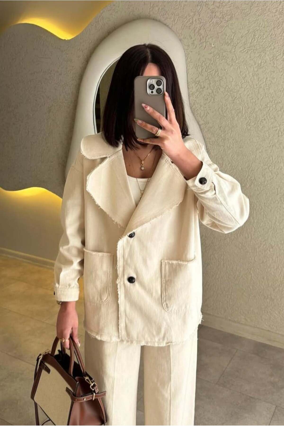 canelibutik Kadın Oversize Gabardin Ceket Bej Renkli Cepli Model