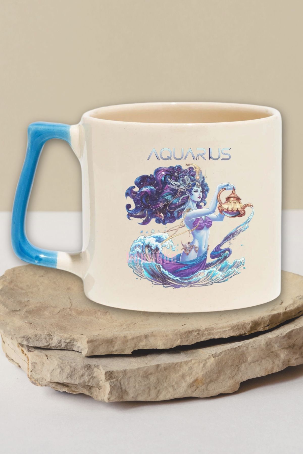 qoeuyl boutique Aquarius İlüstrasyon Baskılı Kova Burcu Astroloji Doğum Günü Hediye Mavi Kulplu Kupa Bardak