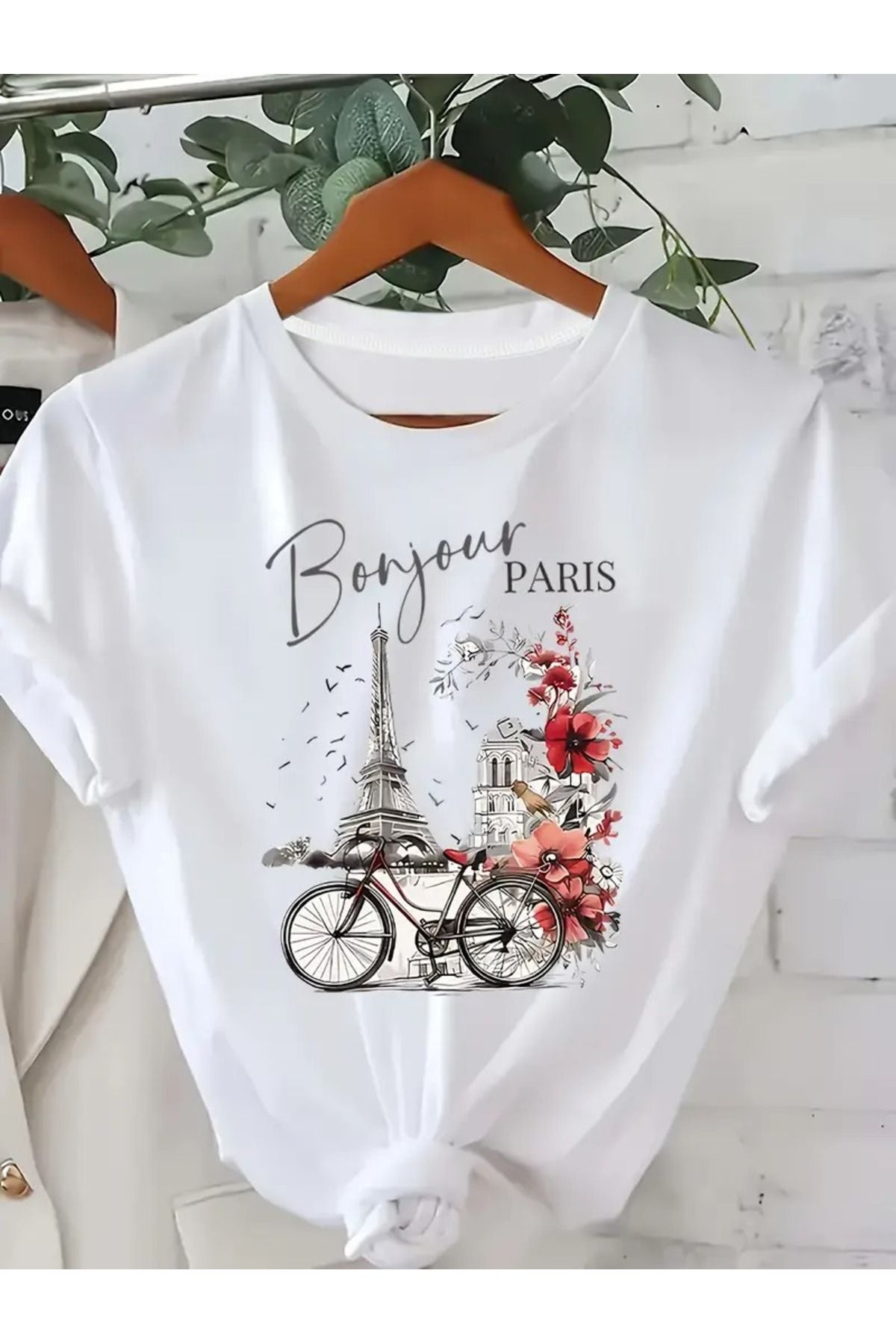 NoVibe Unisex Bonjour Paris Baskılı Baskılı Kısa Kol %100 Pamuk T-shirt