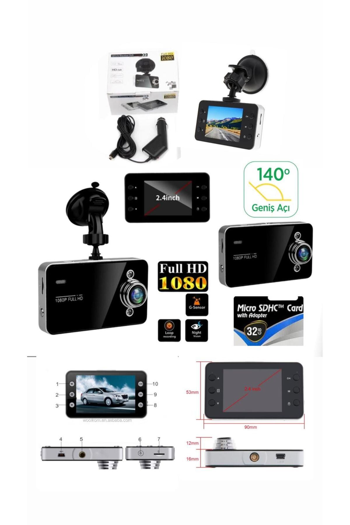 WASHA Araç İçi Kamera 2.4'' TFT Ekran 140° Geniş Açı 1080p Gece Görüşlü Uyumlu Yol Kayıt Çakmaklık Girişli
