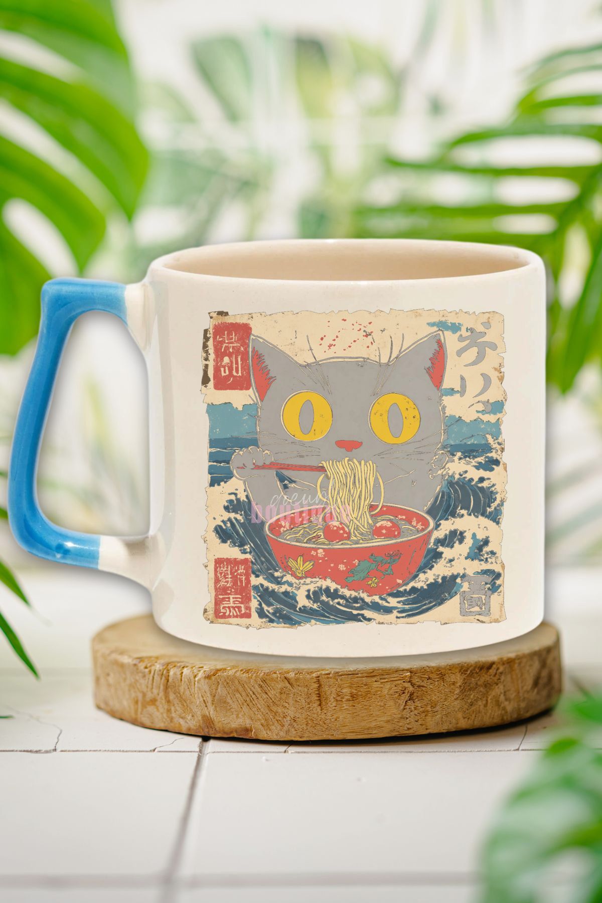 qoeuyl boutique Ramen İlüstrasyon Kedi 7 Baskılı Japon Sanatı Kedi Anime Doğum Günü Hediye Mavi Kulplu Kupa Bardak