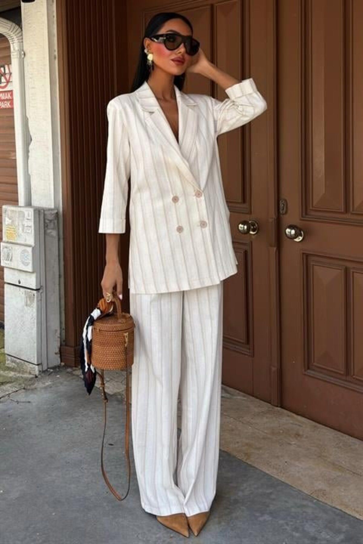 Gökyüzü Moda Blazer Ceketli Çizgili Keten Takım 10186