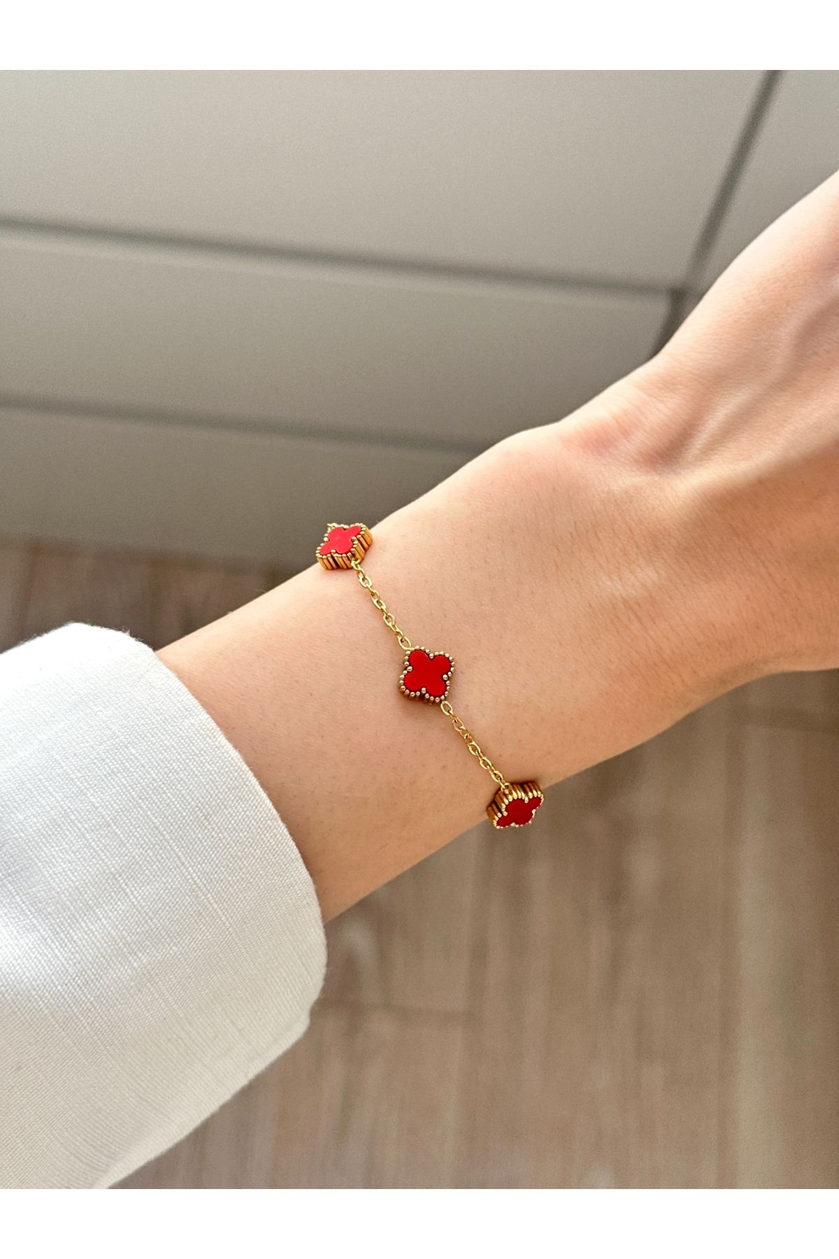 GUNESTAKI 316l Çelik Yonca Mini Bileklik Kadın Erkek Unisex Bileklik Gold Çift Taraflı Bileklik
