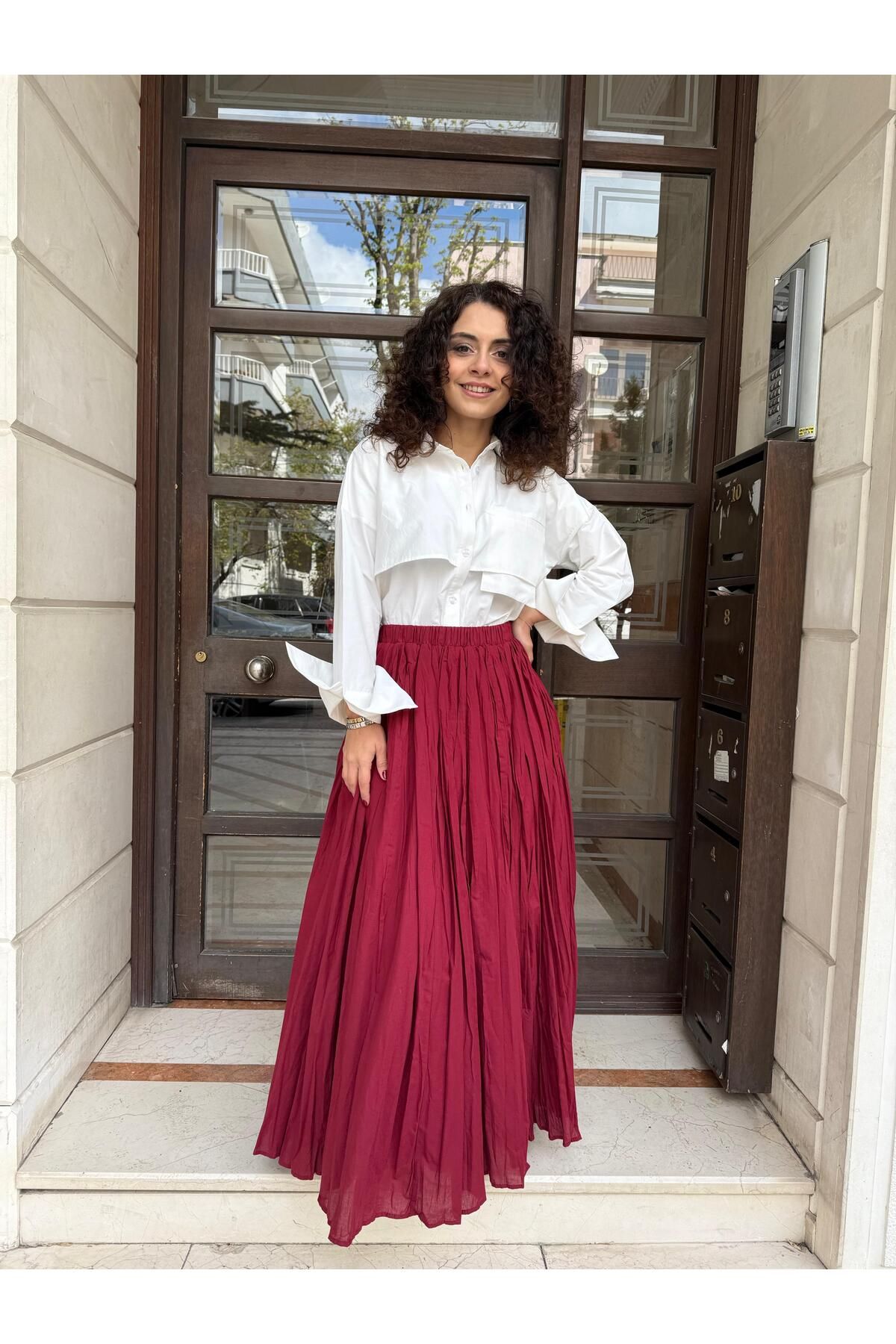 Betül Nayir Kırışık Kumaş Midi Etek -Bordo