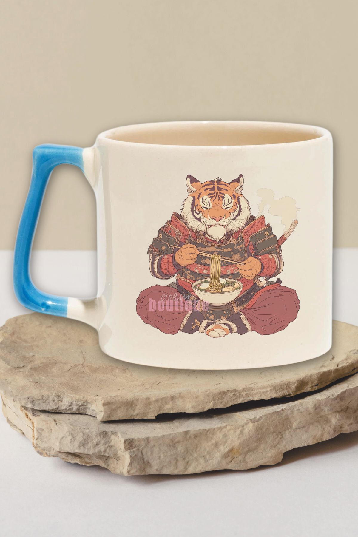 qoeuyl boutique Ramen Tiger 1 Baskılı Japon Kaplan Noodle Anime Sanatı Doğum Günü Hediye Mavi Kulplu Kupa Bardak