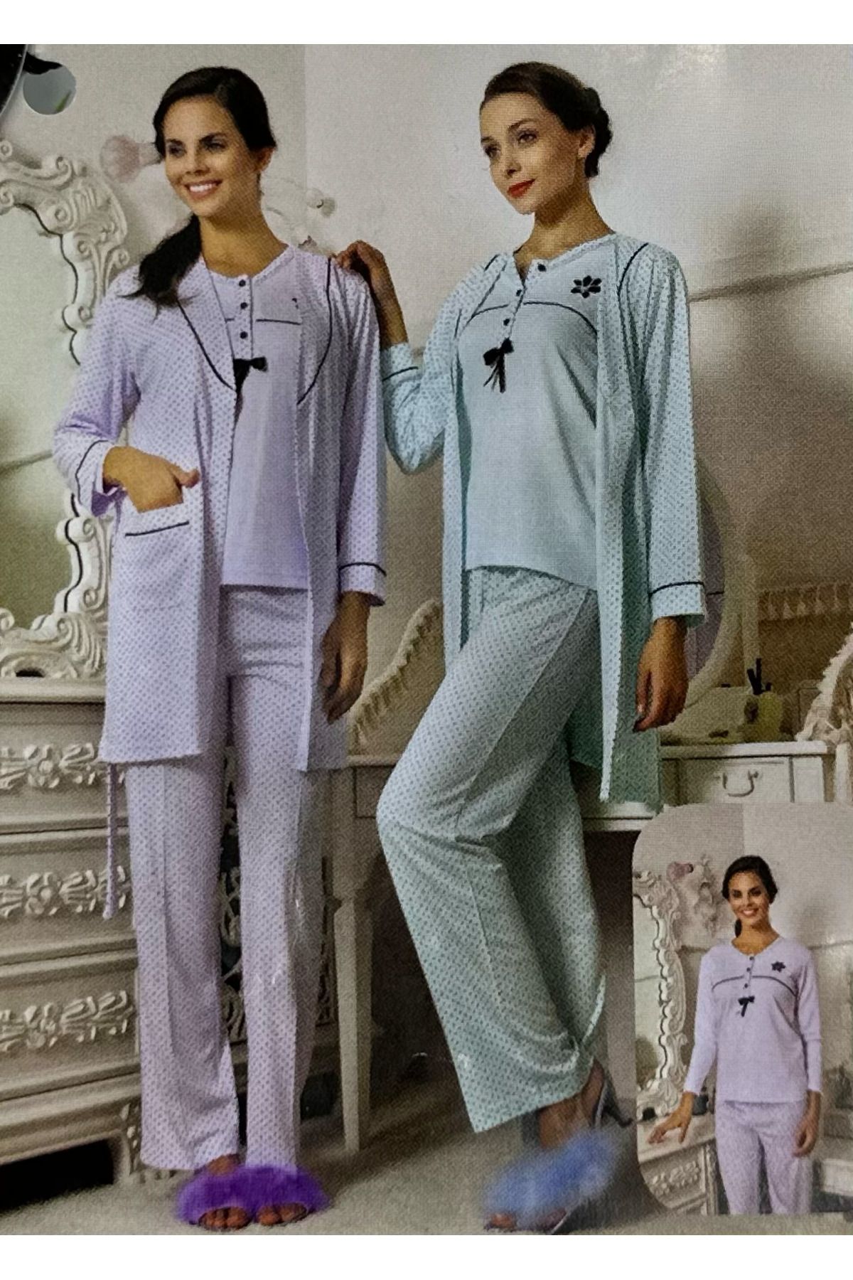 İpek Kadın Üçlü Sabahlıklı %100 Pamuk Pijama Takımı-Mor