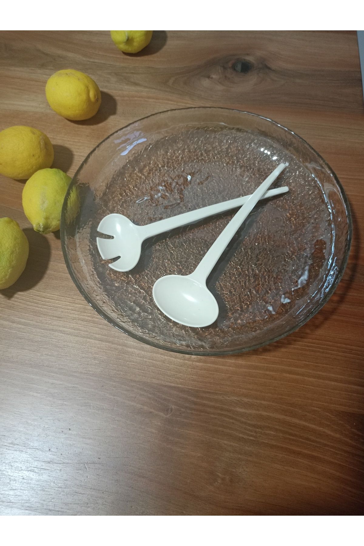 ÖNEM EV TEKSTİL SALATA KASESİ CAM KASE 28 CM YUVARLAK ÇATAL KAŞIKLI SET