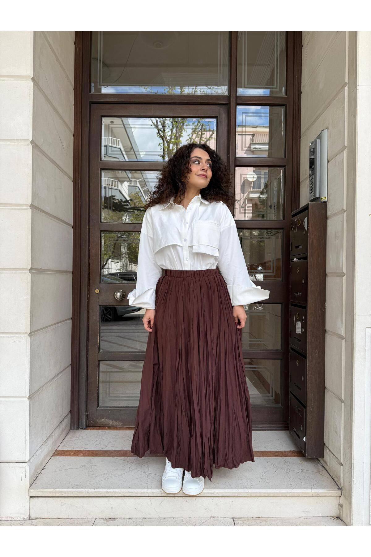 Betül Nayir Kırışık Kumaş Midi Etek -Kahverengi