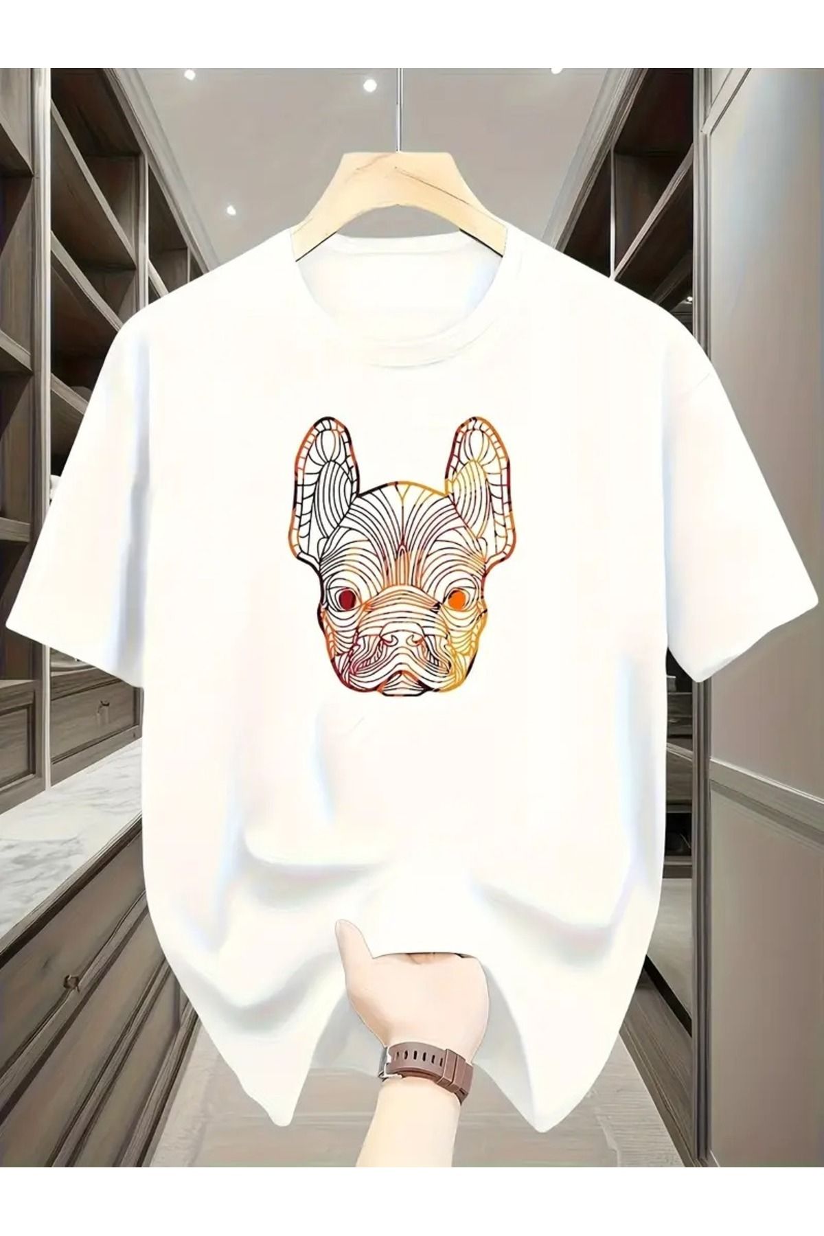 NoVibe Unisex Çizim Dog Baskılı Baskılı Kısa Kol %100 Pamuk T-shirt